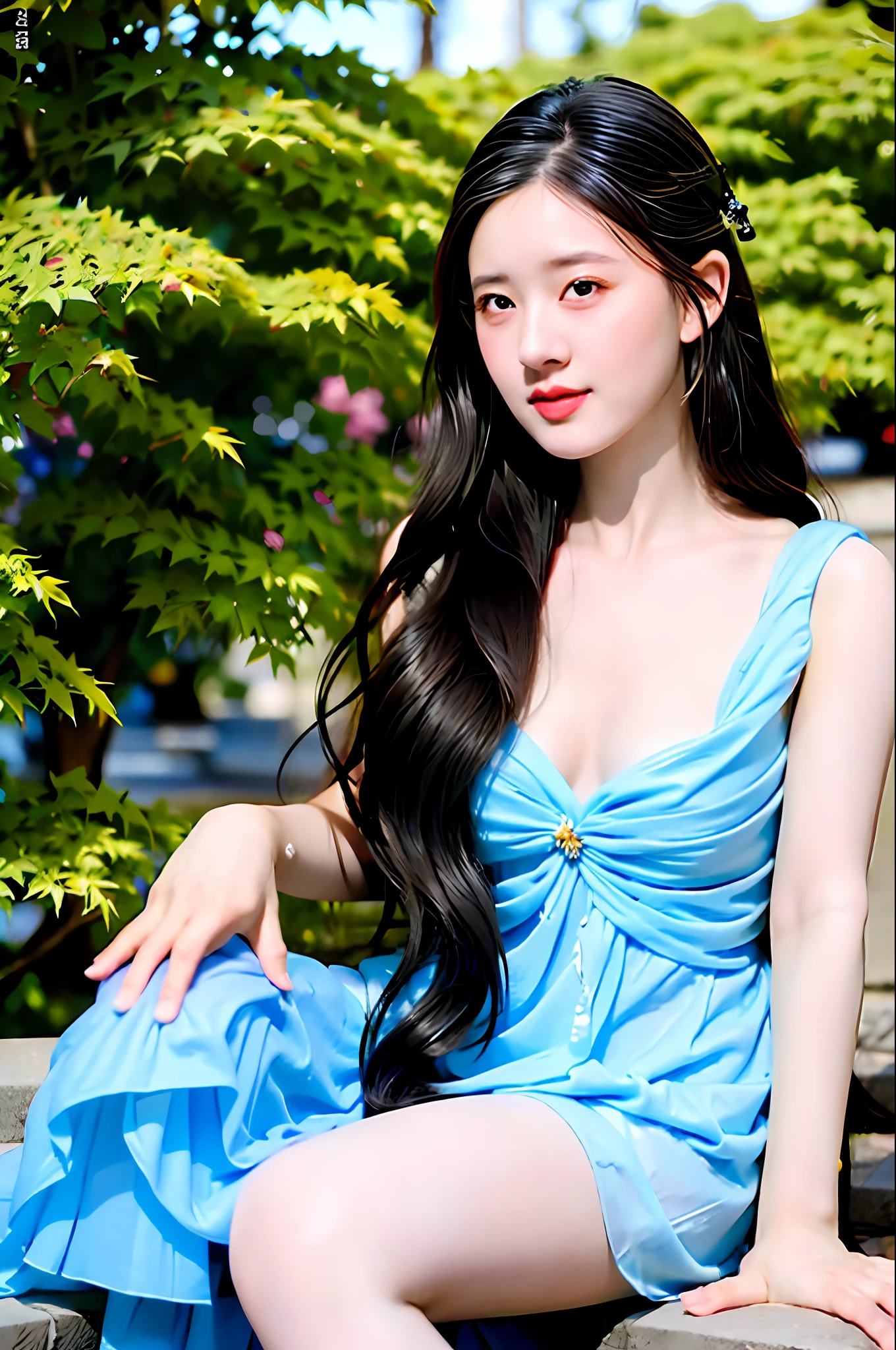 Masterpiece, Excellent, 1girl, aqua pupils, black hair, shut up, colorful, outdoor, solo, half, big breasts, seduction, clean, beautiful, pure, pale skin, sexy pose, long hair, ((Perfect female body)), mature woman, mature woman, narrow waist, Chinese fairy, Hanfu, pantyhose