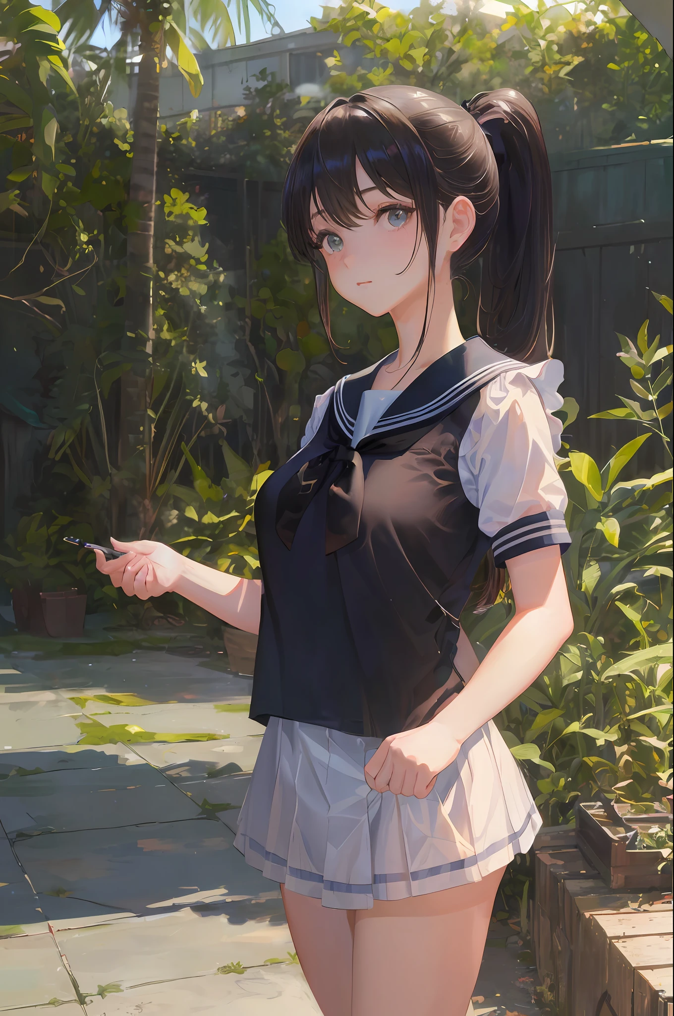 art by Cornflower, dreamy, (masterpiece, best quality, perfect anatomy, beautiful face, realistic, ultra detailed,1girl,18ears old,solo,depth of field,Canon 24mm Lens,f1.4,cute_girl,sailor_ collar, clear facial features, short sleeves, large breasts, thin stature, height 170, barefoot, double ponytail, bangs, gravure pose, outdoor, jungle, blurred background, (uwabaki: 1.1576))