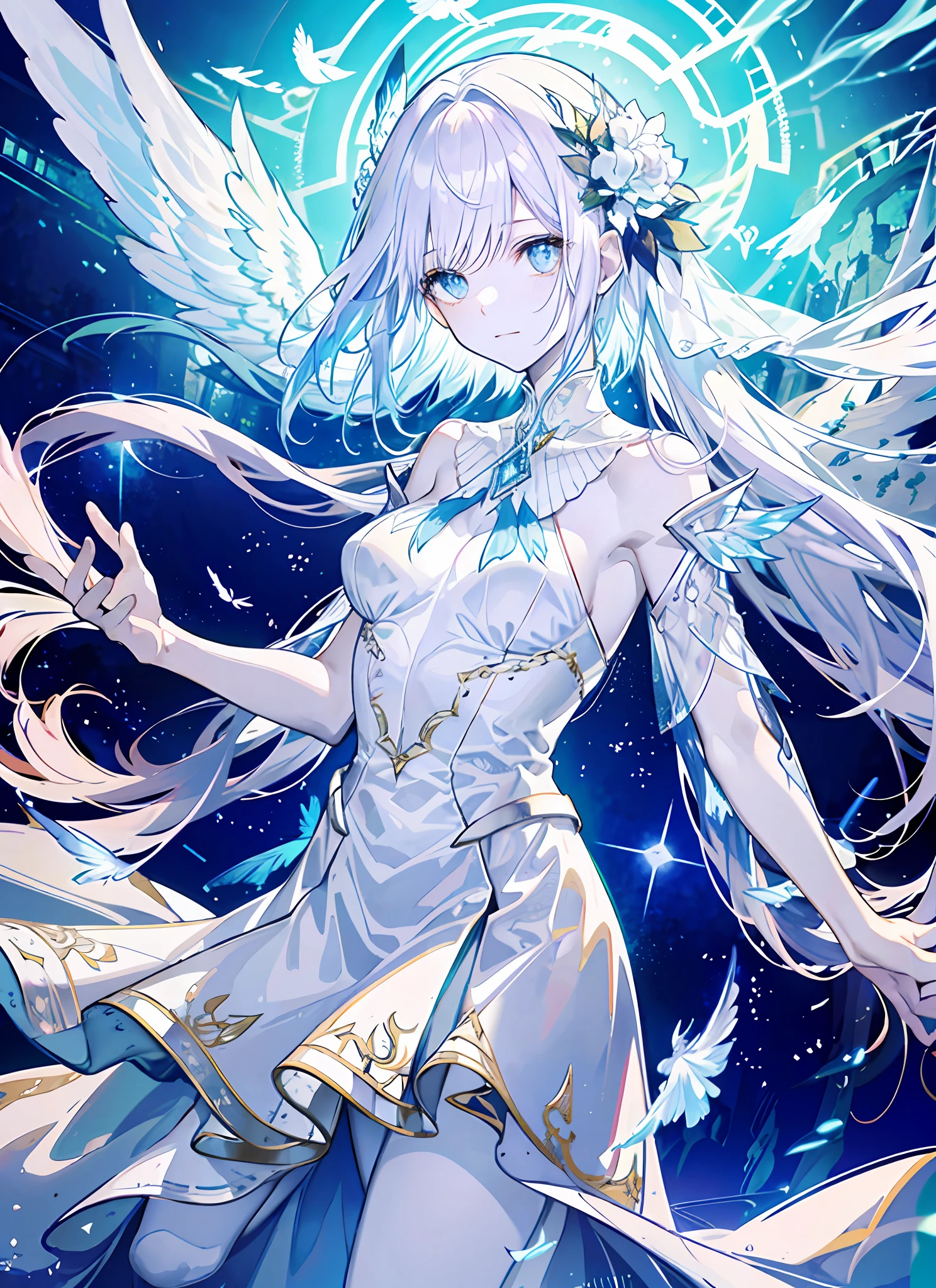 An angel is depicted with a pale and luminous complexion, their skin seemingly glowing with an otherworldly radiance. They are adorned with a pair of sparkling and graceful wings, symbolizing their divine nature. The scene is ethereal and enchanting, capturing the beauty and mystery of these celestial beings. angel, pale, luminous, complexion, glowing, otherworldly, radiance, sparkling, graceful, wings, divine, ethereal, enchanting, beauty, mystery.upper body,