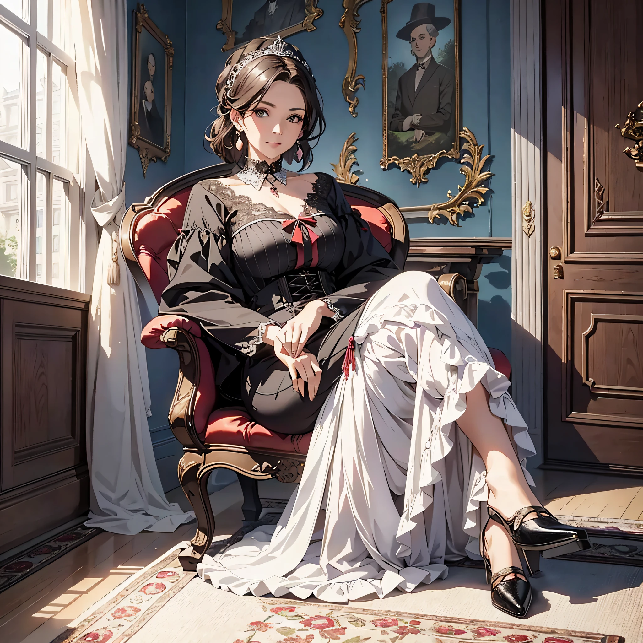 Middle-aged woman, dressed as a rich woman, sitting in the mansion