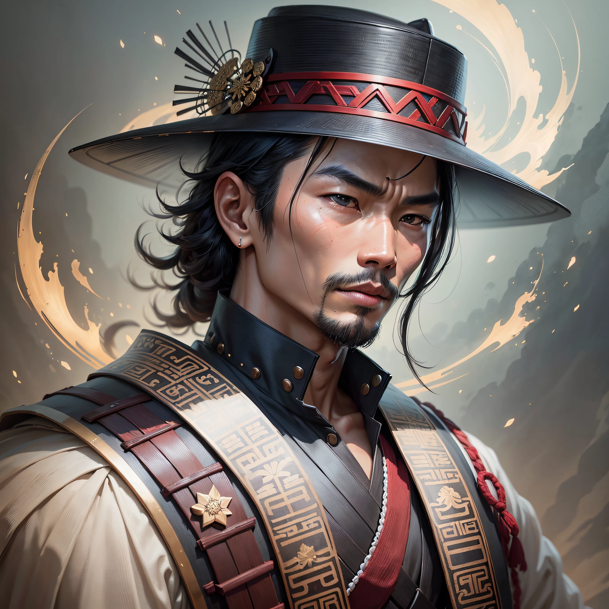 (best quality) A stunning representation of a Vietnamese man wearing a Nón Lá, styled as a Japanese samurai. His hat is emphasized with detailed triangular folds, and his attire is immaculately crafted, capturing the essence of both cultures in this fusion masterpiece. --auto --s2