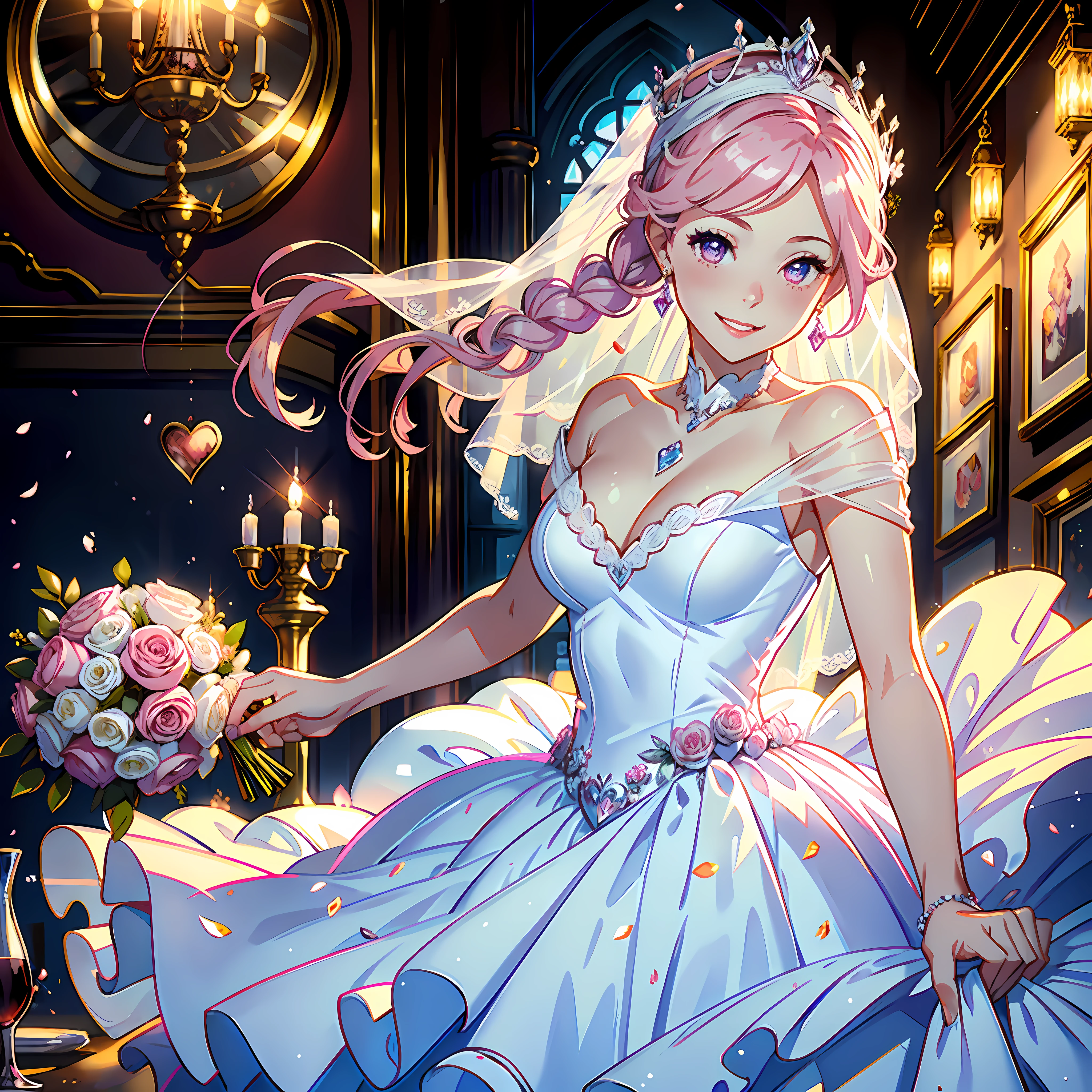 1 woman, white wedding dress, wedding scene, flowers, wine, cake, pink hair, crown, heart pupils, crystal earrings, smile, excitement, high detail, super detail, high resolution, best quality, masterpiece, planning, ultra hd