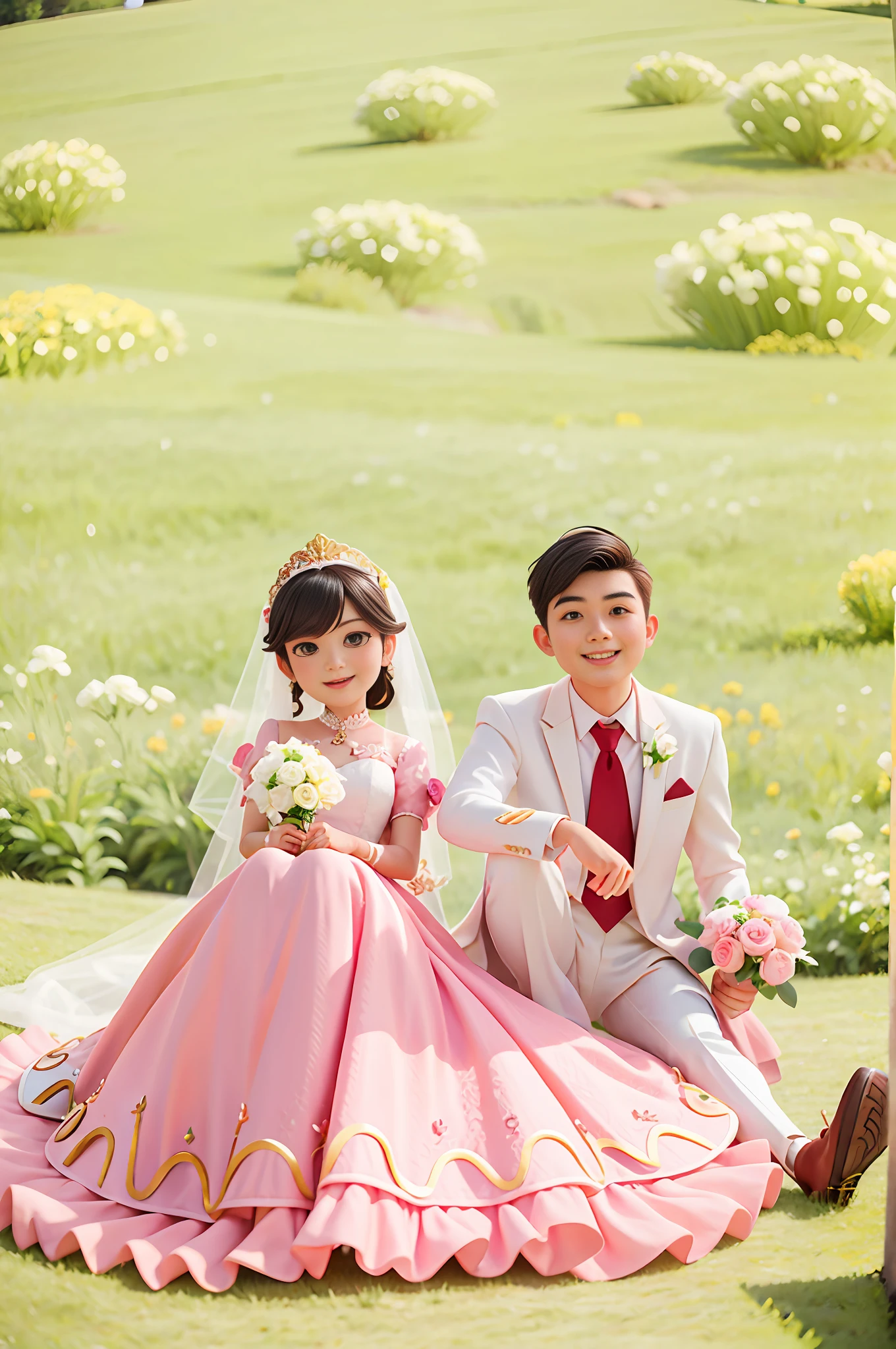 they are sitting on the grass in a field with a pink dress, bride and groom, yanjun chengt, lovely couple, coronation of the flower prince, trailer, by disney, john park, wedding, korean audrey hepburn automata, kim hyun joo, ji-min, luxurious wedding, wedding photo, jaeyeon nam, & jeehyung lee & wlop