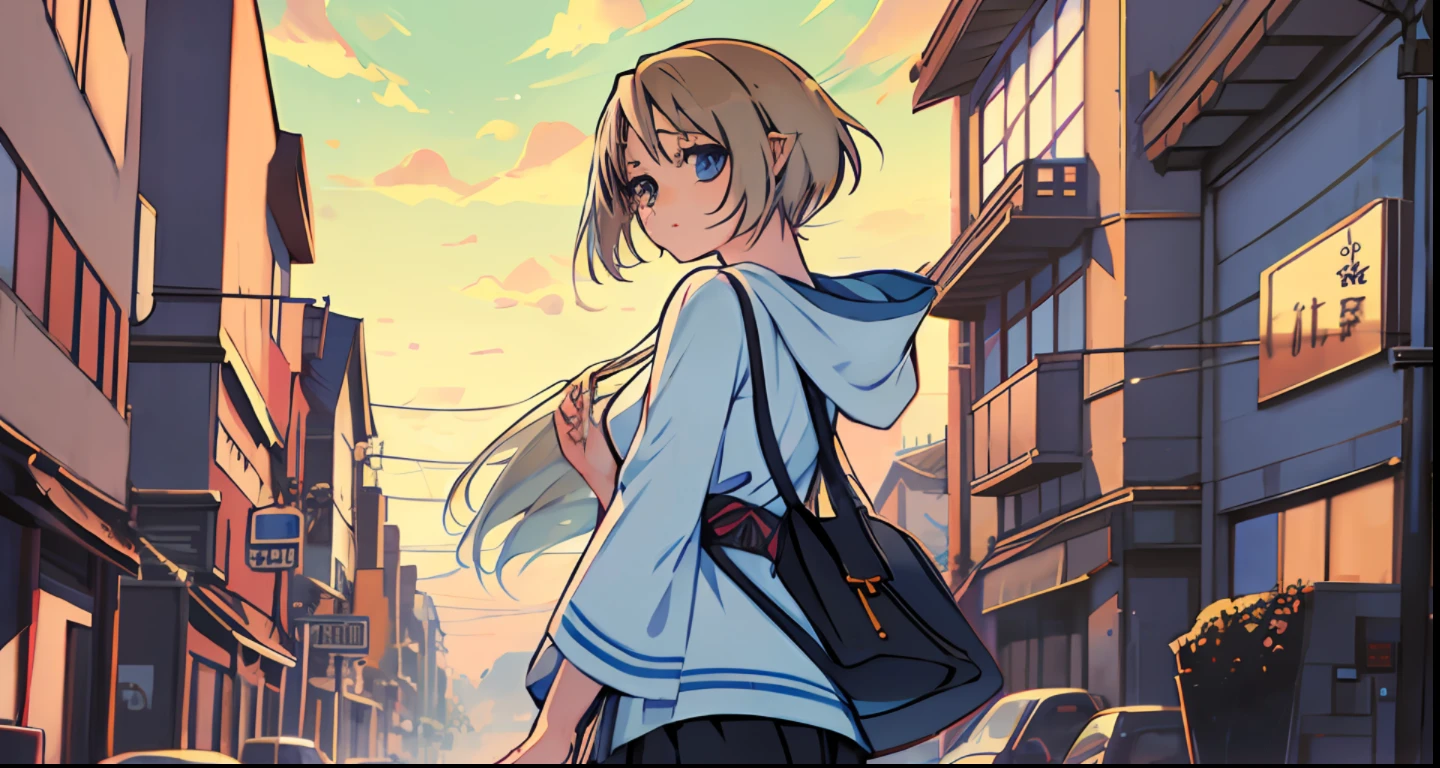 Female classmate of anime scene walking on the street, there are many clouds in the sky, the background is a café, Loepfe art style, anime style street, Loepfe girl, Makoto Shinkai style, a few centimeters away from my face ((Miyazaki Hayao)), Miyazaki Hayao's style, Loepfe, Loepfe art, Kyoto animation style,