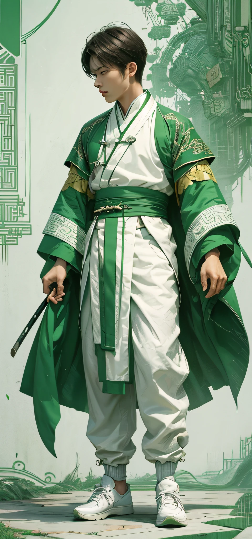 1 boy, male focus, green, white, solo, full-body, brunette hair, standing, chinese clothes, short hair, sky, green hanfu, long sleeves, white shoes