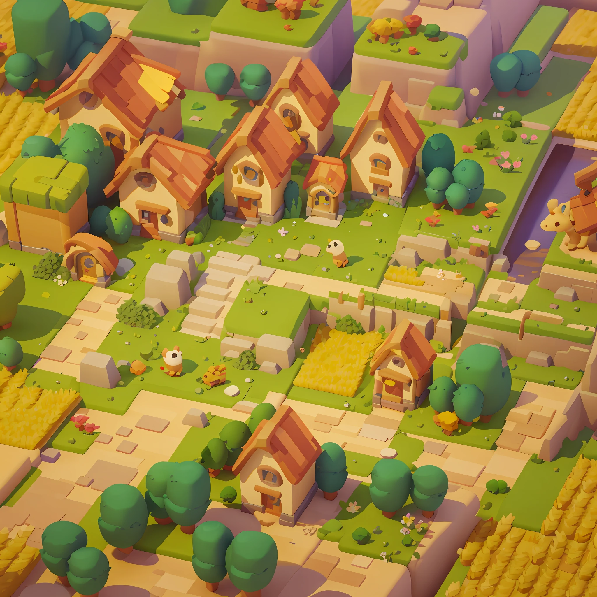 Game architecture design, cartoon, farm, stone, brick, grass, river, flowers, vegetables, wheat, trees, animals, casual play style, 3d, blender, masterpiece, super detail, best quality