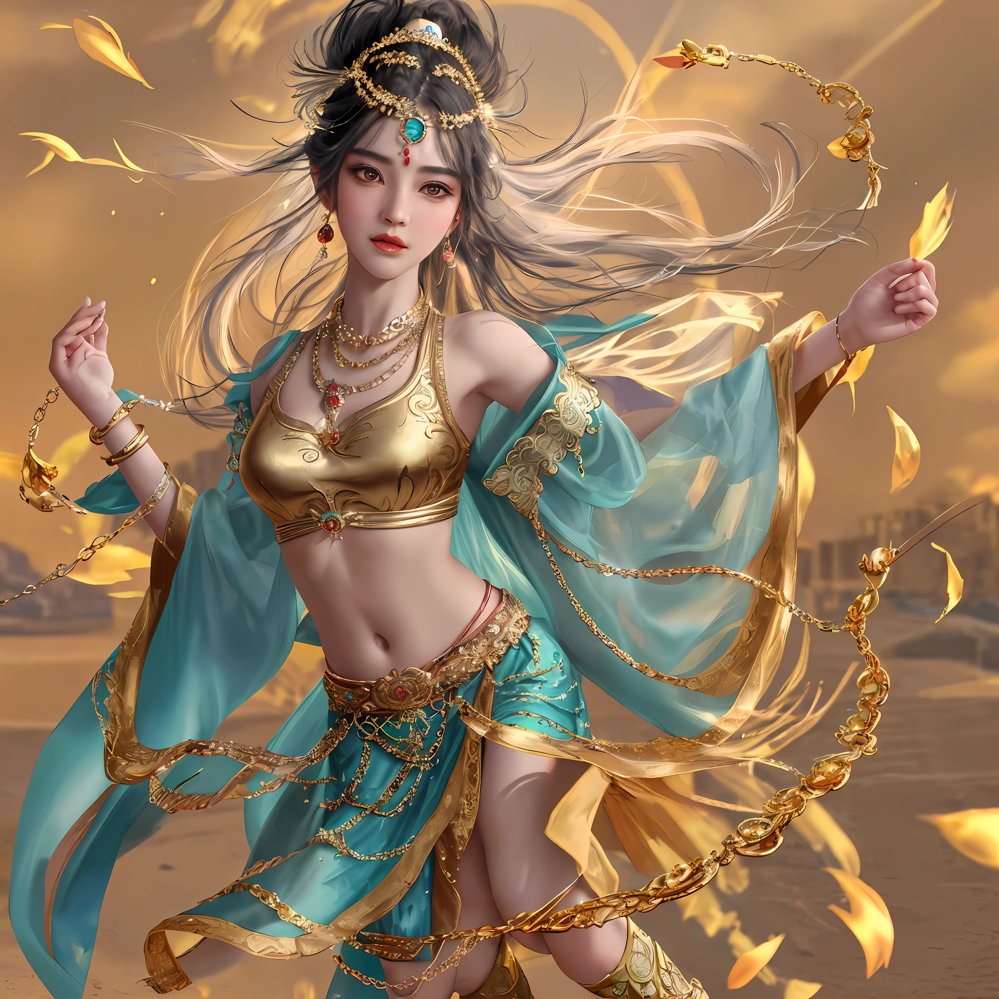 (8k, 4k, highest quality, masterpiece: 1.2), (high profile CG includes 8k wallpaper), (1 male: 1.5), Cute Man, Perfect Looking Man, Bodhisattva, Bodhisattva Posture, Man, Beautiful Face, Red Dot on Forehead, Pale Skin, Blush, Big Eyes, Whole Body, Thighs, Open Navel, Gold Waist Chain, Gold Jewelry, Circle Ribbon, Flying Ribbon, Particles, Loulan Ancient City Background, Ancient City Wall, Desert, Dance, Traditional Chinese Costume with Spectacular Costume, Navel Show, Bare Shoulder Show, Open Neck, Cuff, Ankle Bangle, Metal Chain Tassel Around Waist, Navel Piercing