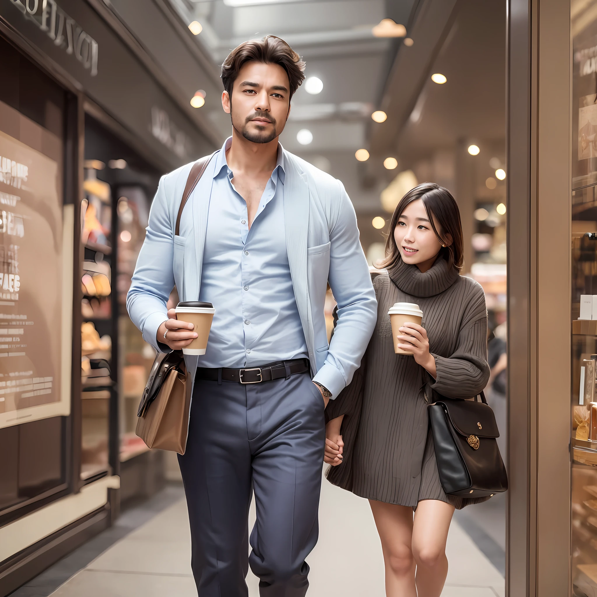 In the center of the poster, a father dressed in fashionable men's clothing is walking confidently through the display area of the department store, with a delicate handbag hanging from his left forearm, a cup of fragrant coffee in his left hand, and a lovely daughter next to him with his right hand, his expression revealing infinite love for his daughter. The scene around the father is also full of high-quality male elements, showing his image as a successful and confident family at the helm. The atmosphere of the whole picture exudes a sense of romance and premium, reminiscent of the good times of enjoying life with your father. --auto --s2