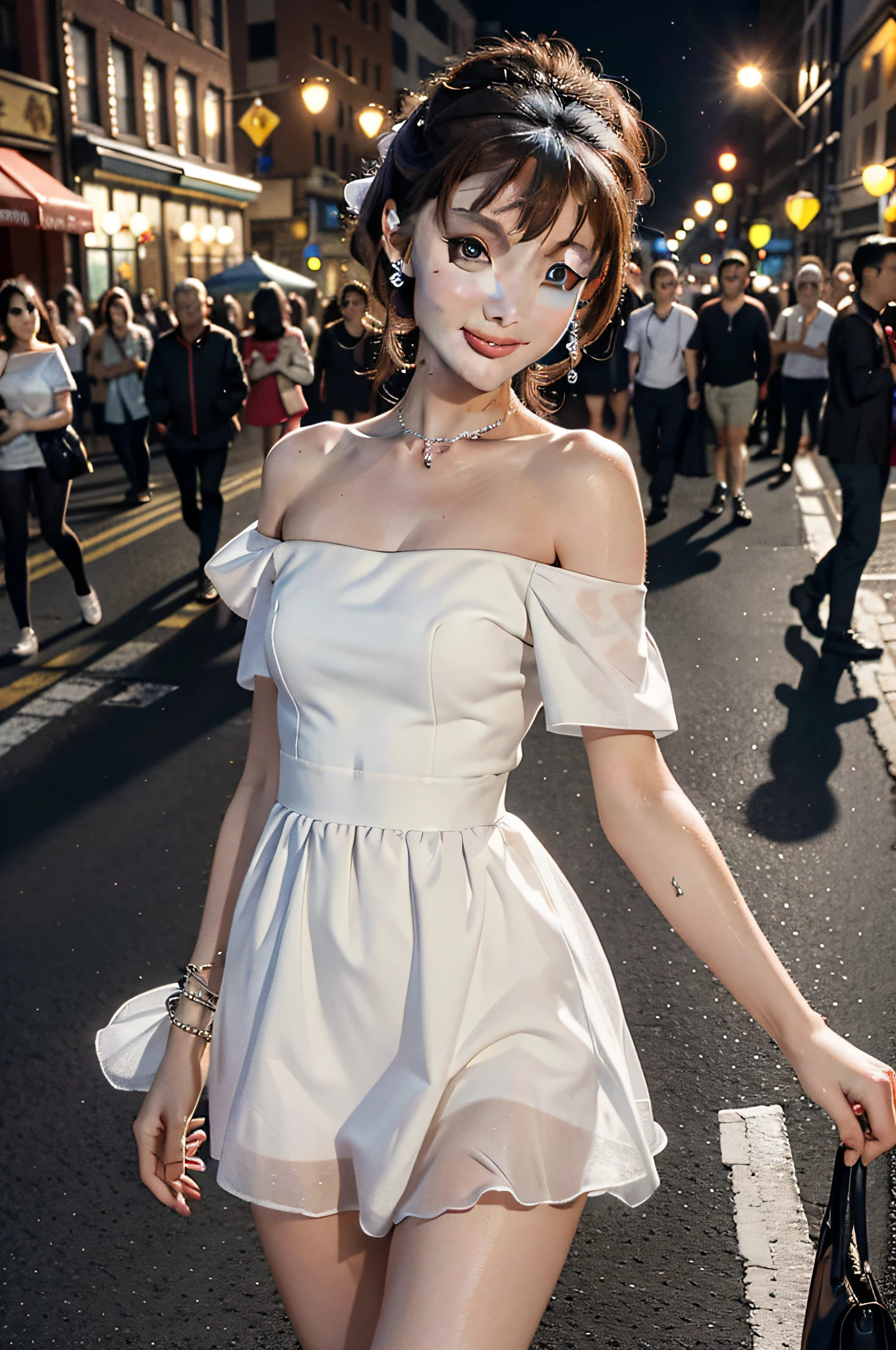 (Audrey Hepburn), 1girl, standing on the street at night, extremely detailed face, upper body, hanfu, face similar, t-shirt, miniskirt, tulle, looking at the audience, smiling, happy, standing on the street, perfect figure, model pose, big watery eyes, charming smile, moist lips, thin waist, best quality, masterpiece, super high resolution, (realism: 1.4), original photo, 1girl, white dress, off-the-shoulder, blooming flower field, glowing skin, light smile