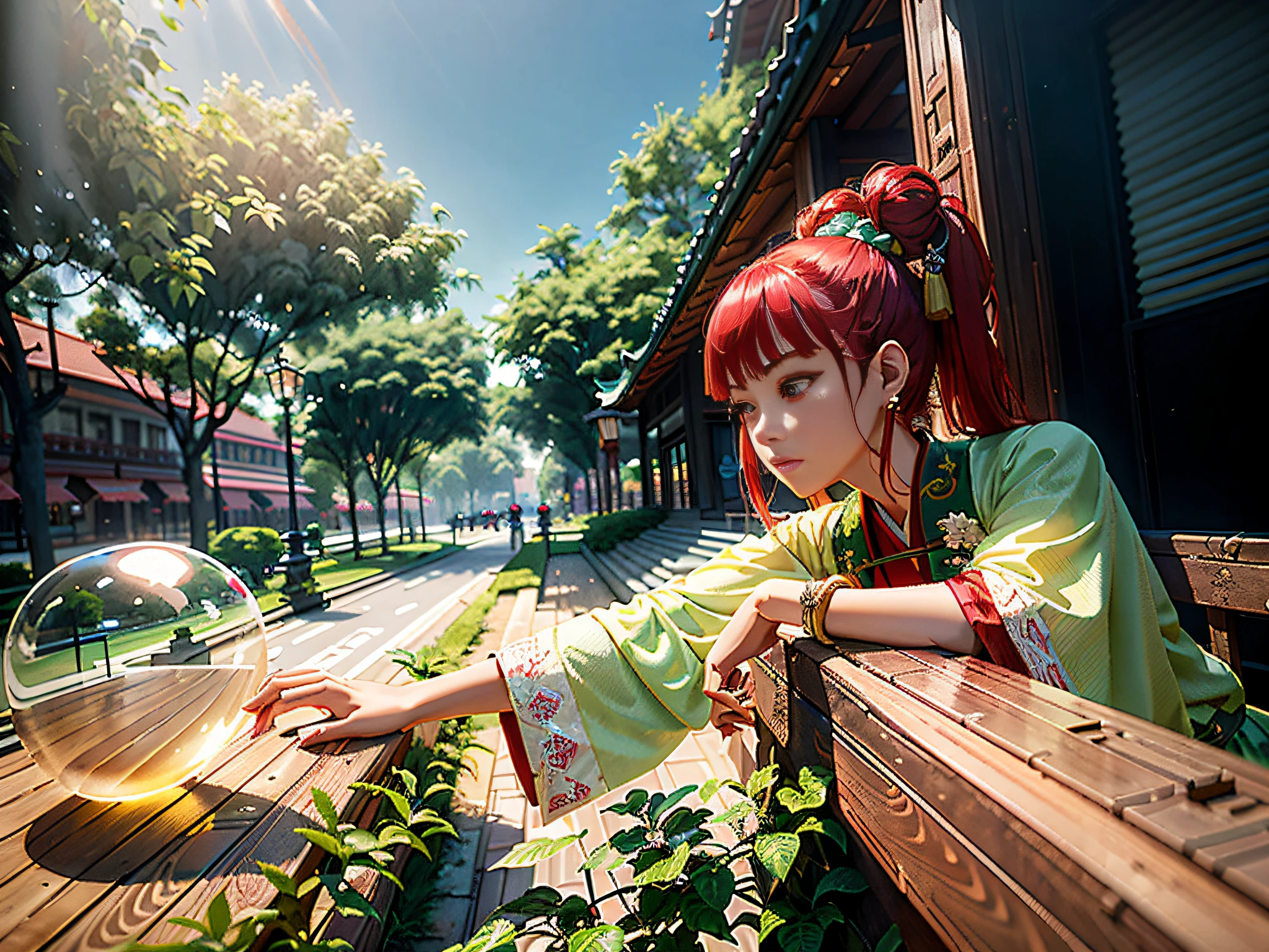 anime girl with red hair leaning on a wooden bench looking at a glass, beautiful digital artwork, palace ， a girl in hanfu, artwork in the style of guweiz, trending on cgstation, realistic anime 3 d style, 2. 5 d cgi anime fantasy artwork, by Yu Zhiding, by Yang J, by Victor Wang, cinematic. by leng jun