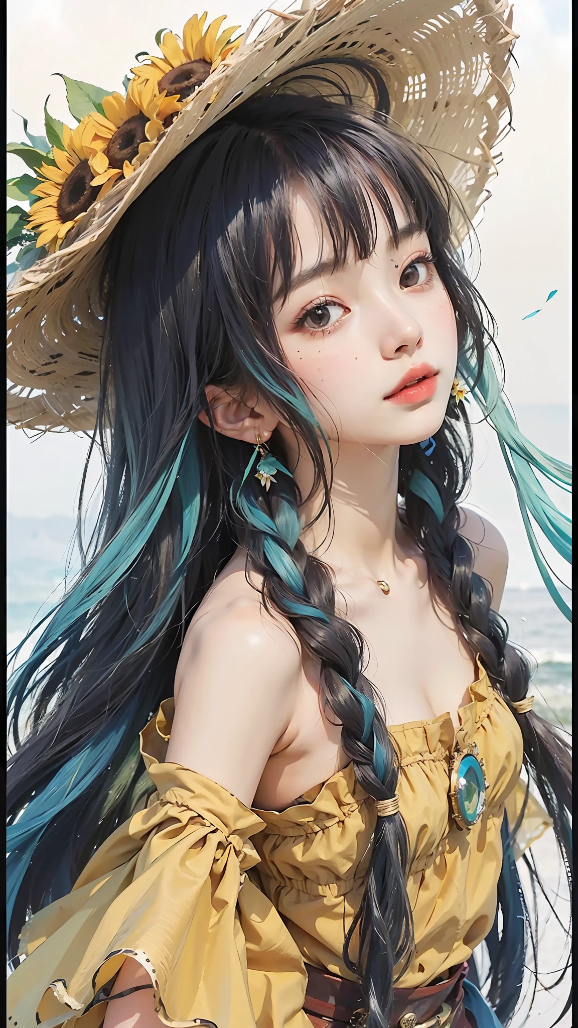 21 years old long hair girl wearing straw hat and sunflower, beautiful portrait, beautiful girl, beautiful art style, flower sea background, detailed portrait of girl, art style, beautiful style, real photography style. 8k, high quality art style, beautiful woman, pretty girl, art, portrait girl, style portrait