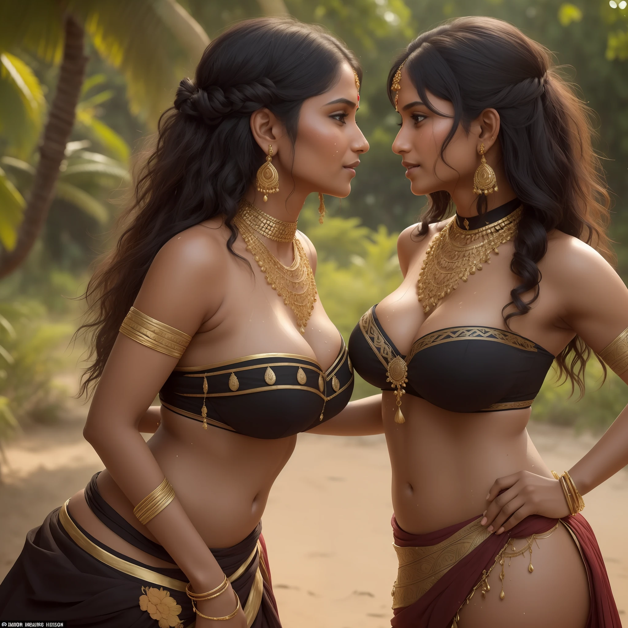 there is an indian village woman, 30yo, simple sexy revealing black and gold laced color strapless bra, (((jewelry))), 8k wallpaper, village milf, village mom, ((1 person, 1 girl)), highquality, ((gigantic humongous big breasts)), choker around neck, 30yo, (short messy hair:1.2), floating hair NovaFrogStyle, messy hair, (((extremely fair skin:1.2, sweaty skin))), candid photograph, front profile, looking at each other, thick hips, (((passionate lovemaking)))