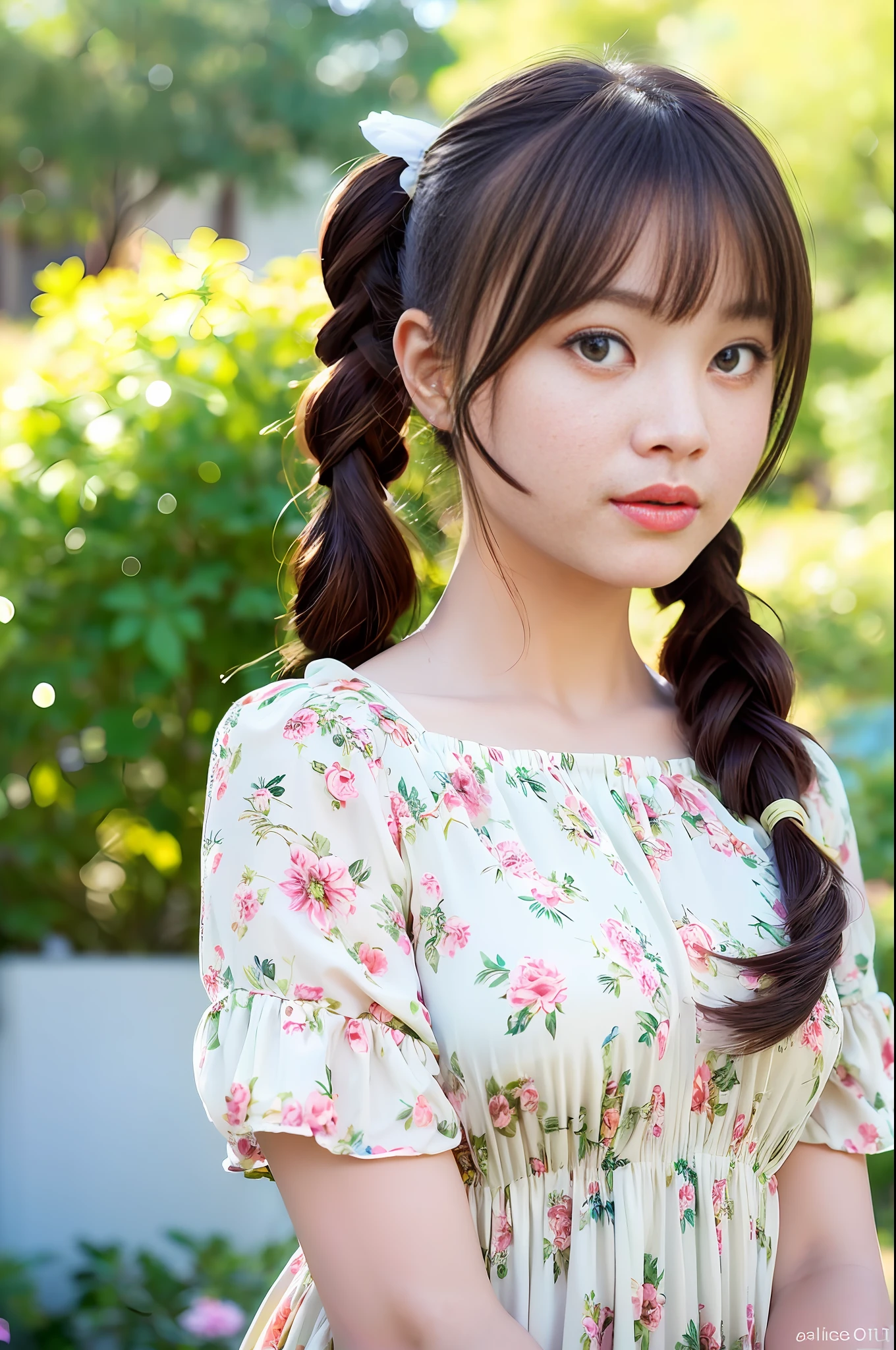 best quality,masterpiece,ultra high res,super fine illustration,light particles,glow,(photo realistic:1.4),1girl,((an extremely cute and beautiful girl)),((highly detailed beautiful face and eyes)),(((girl))),((Beautiful Backgrounds)),((A World Full of Light)),(((out door))),(((twin tail))),((Floral dress))