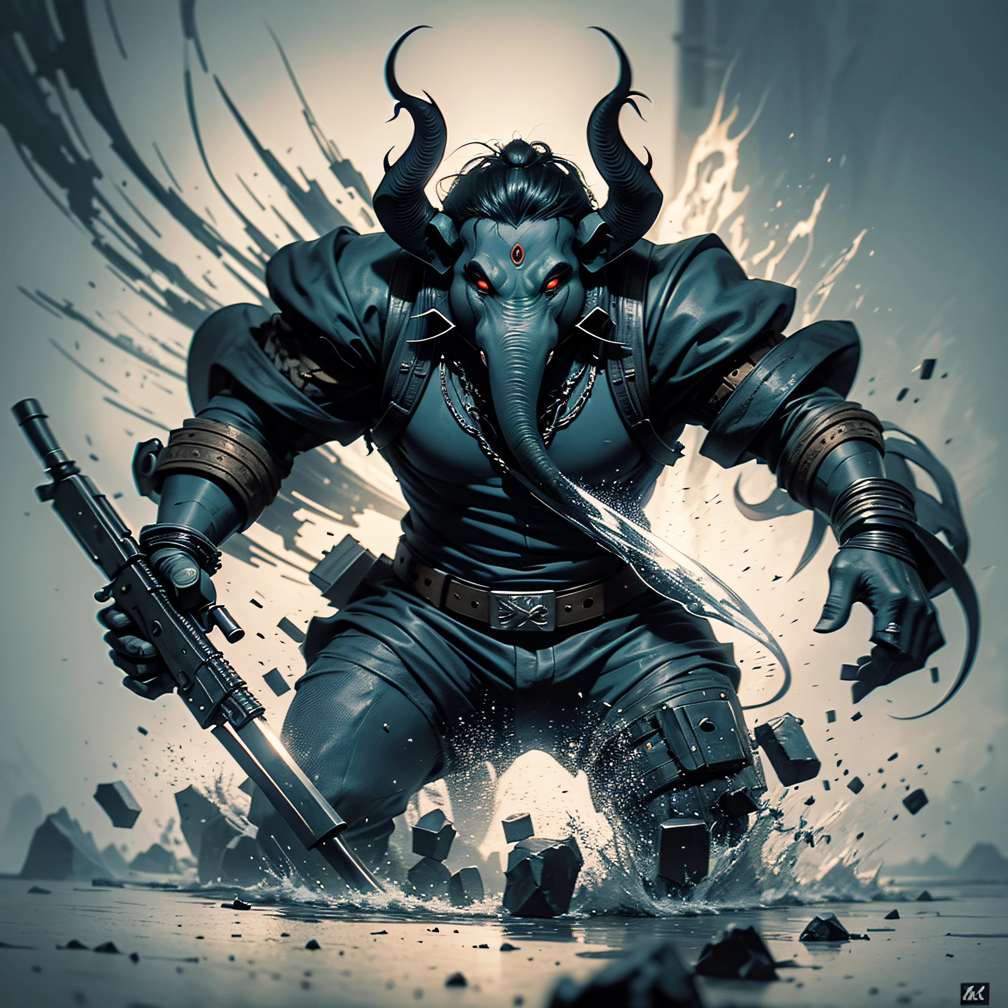 darkness evil gangster ganesha,using ak47,dark art,obscure,4k --auto --s2