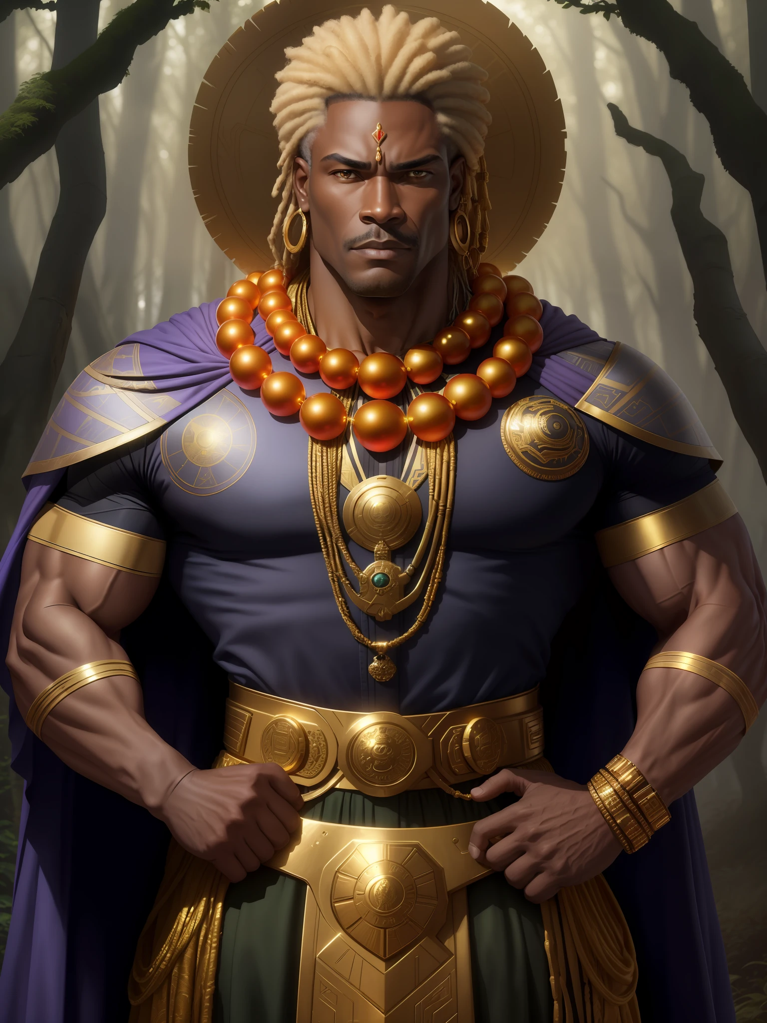 fking_scifi, fking_scifi_v2, portrait of a middle age, muscular very hary, handsome and attractive African warrior man, in front of a foggy forest, rich colorful clothes and golden african jewelry, close up, regal pose and attitude. fking_cinema_v2.