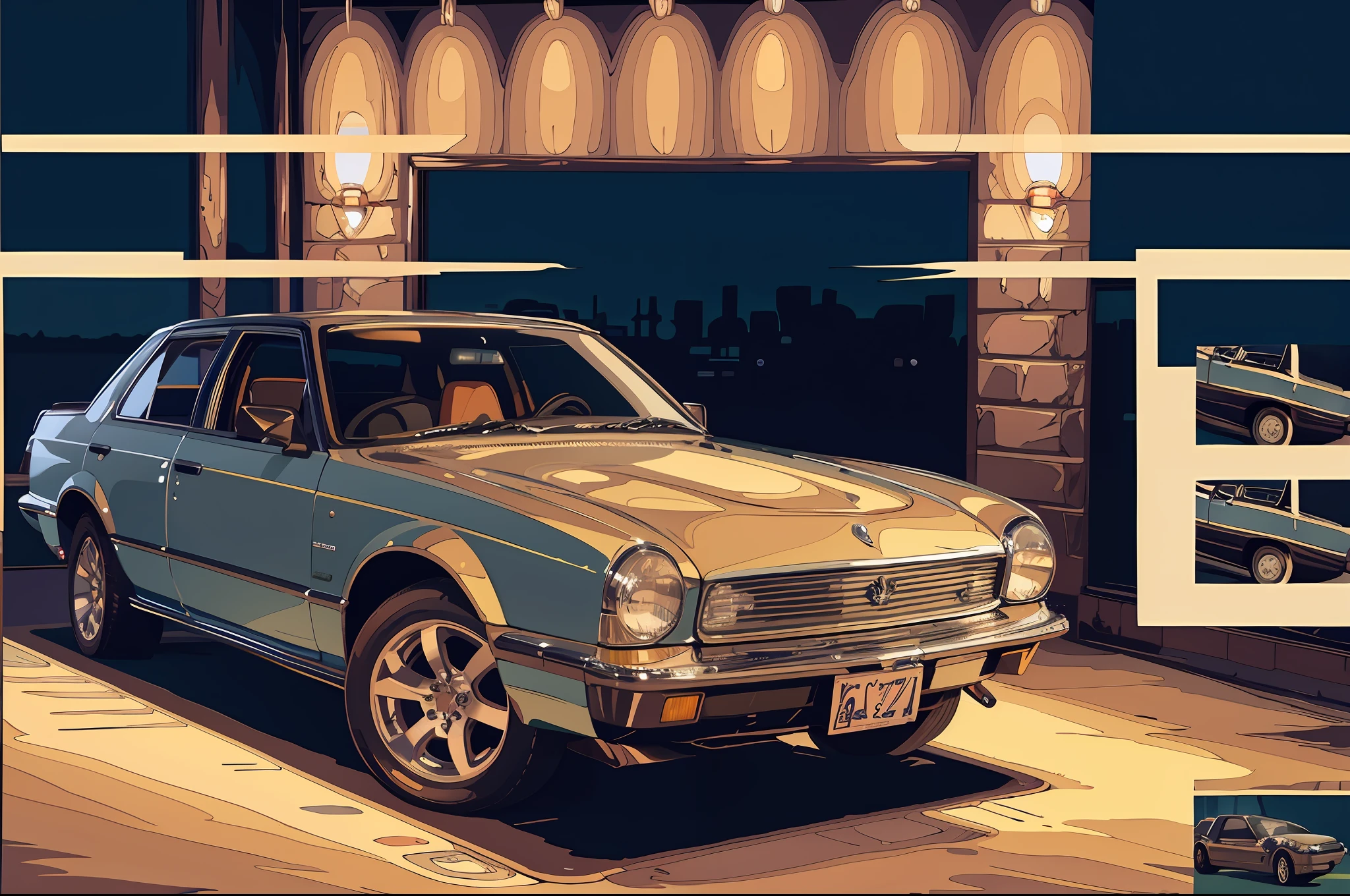 Masterpiece, best quality: 1), official art, extremely detailed CG unity 8k wallpaper, illustration, lighting, car, bright, motor vehicle, ground vehicle, sports car, vehicle focus, wet, interior, night, flat light, garage, auto repair shop, 1990s \(style\)