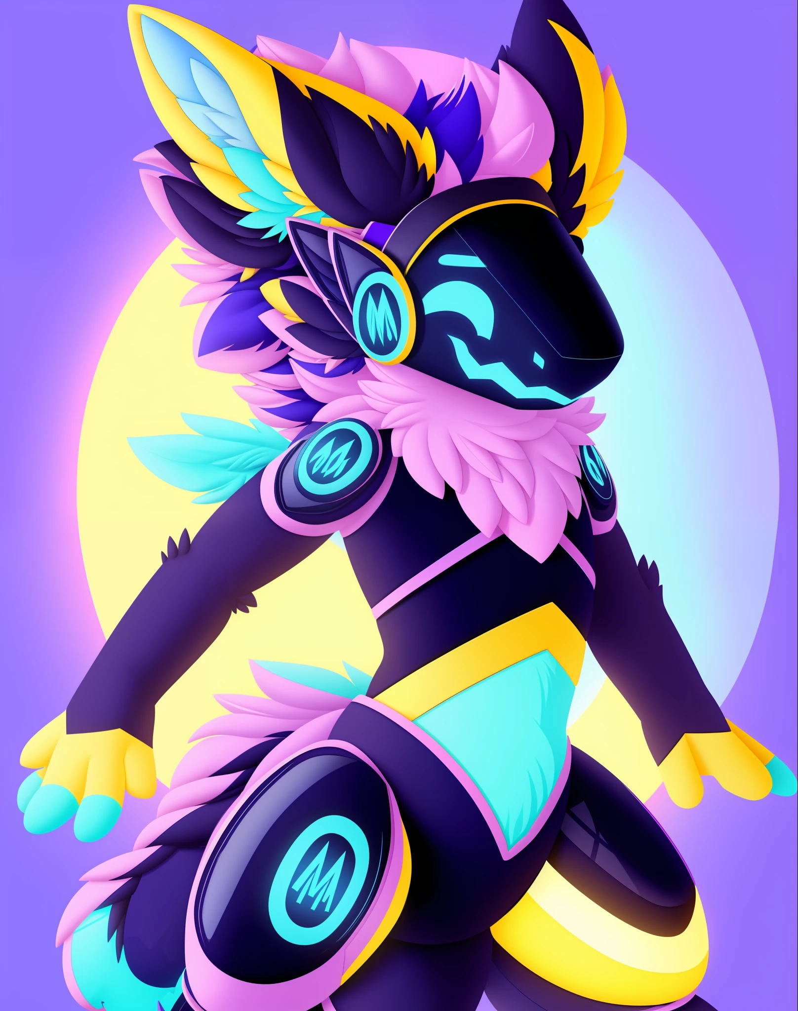 Random protogen design with a cute outfit on, creative, unique, cute, single character, full body, cute pose, sharp focus, intricate, octane render, atmospheric, hdr, glowing light blue visor, two digital eyes, cute evil smile