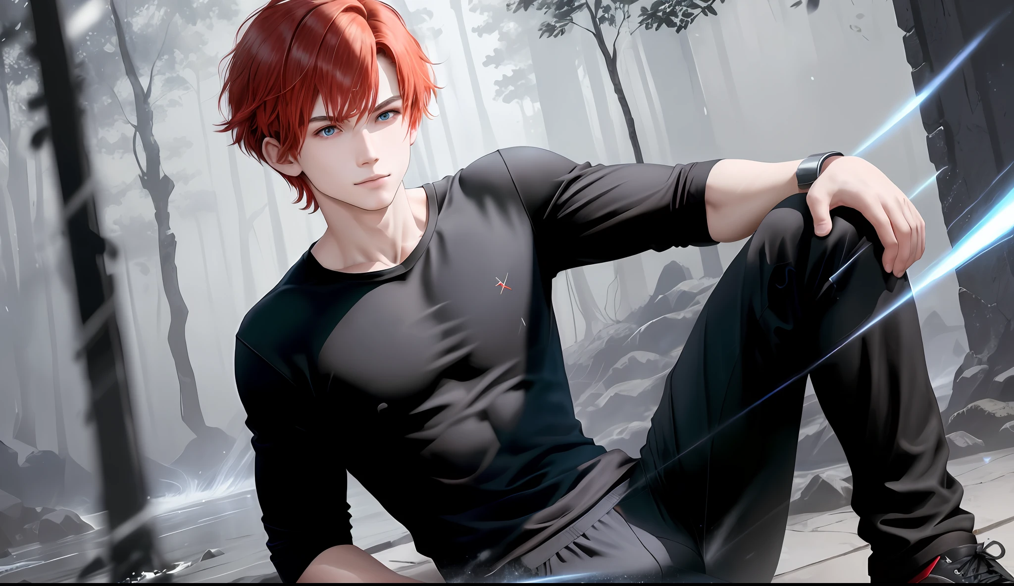 A young boy with white skin, short red hair, anime hair, straight hair, red hair hair, wavy hair, slin body, fitness body, strong body, sitting, fierce and blue eyes, smiling, black clothes (black shirt and black pants),serious look, lighting, realistic lighting, Radiosity, particle rain, realistic particles, Close UP.