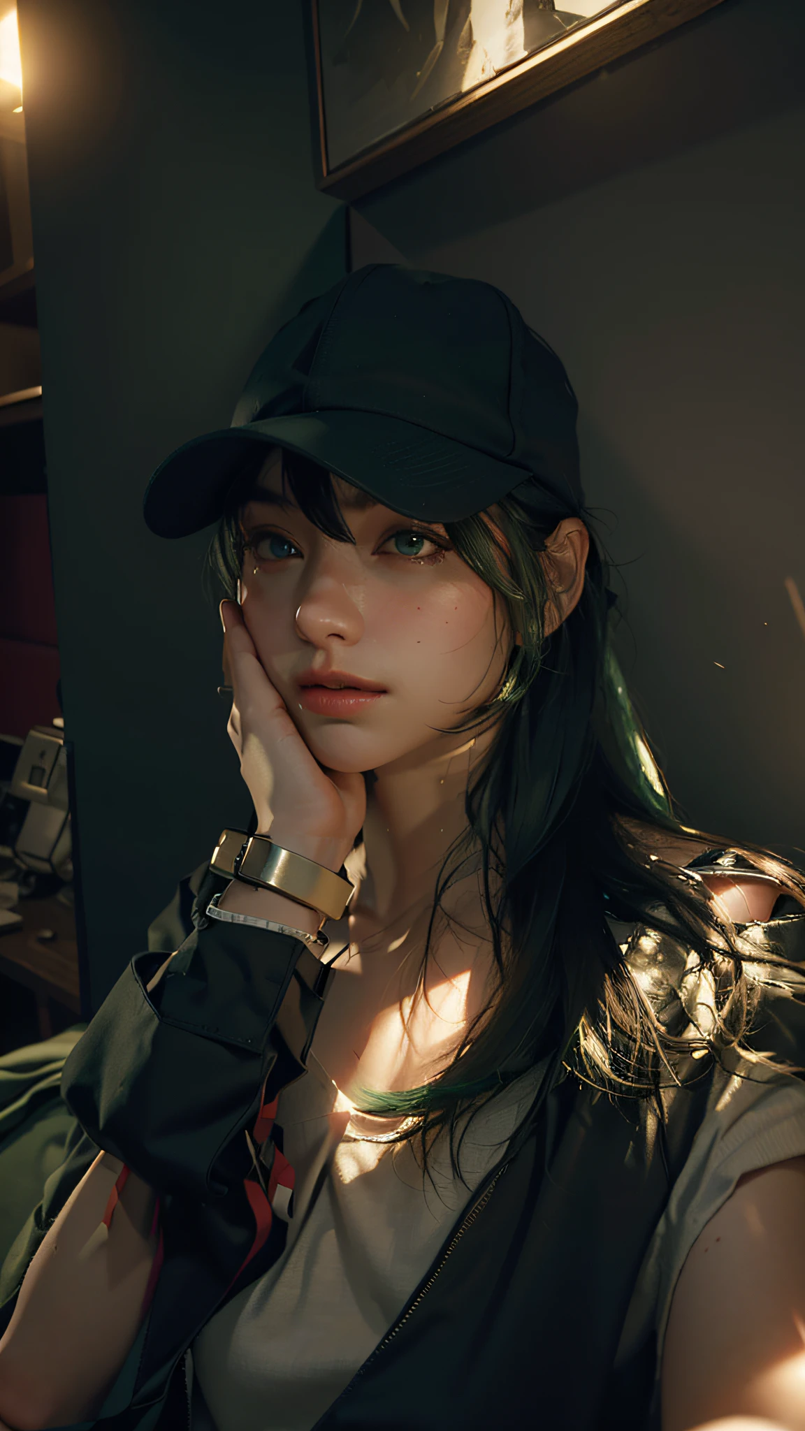 Best Quality, Masterpiece, Ultra High Resolution, (Realisticity: 1.4), Original Photo, 1Girl, Green Eyes, Off-the-Shoulders, Cinematic Lighting