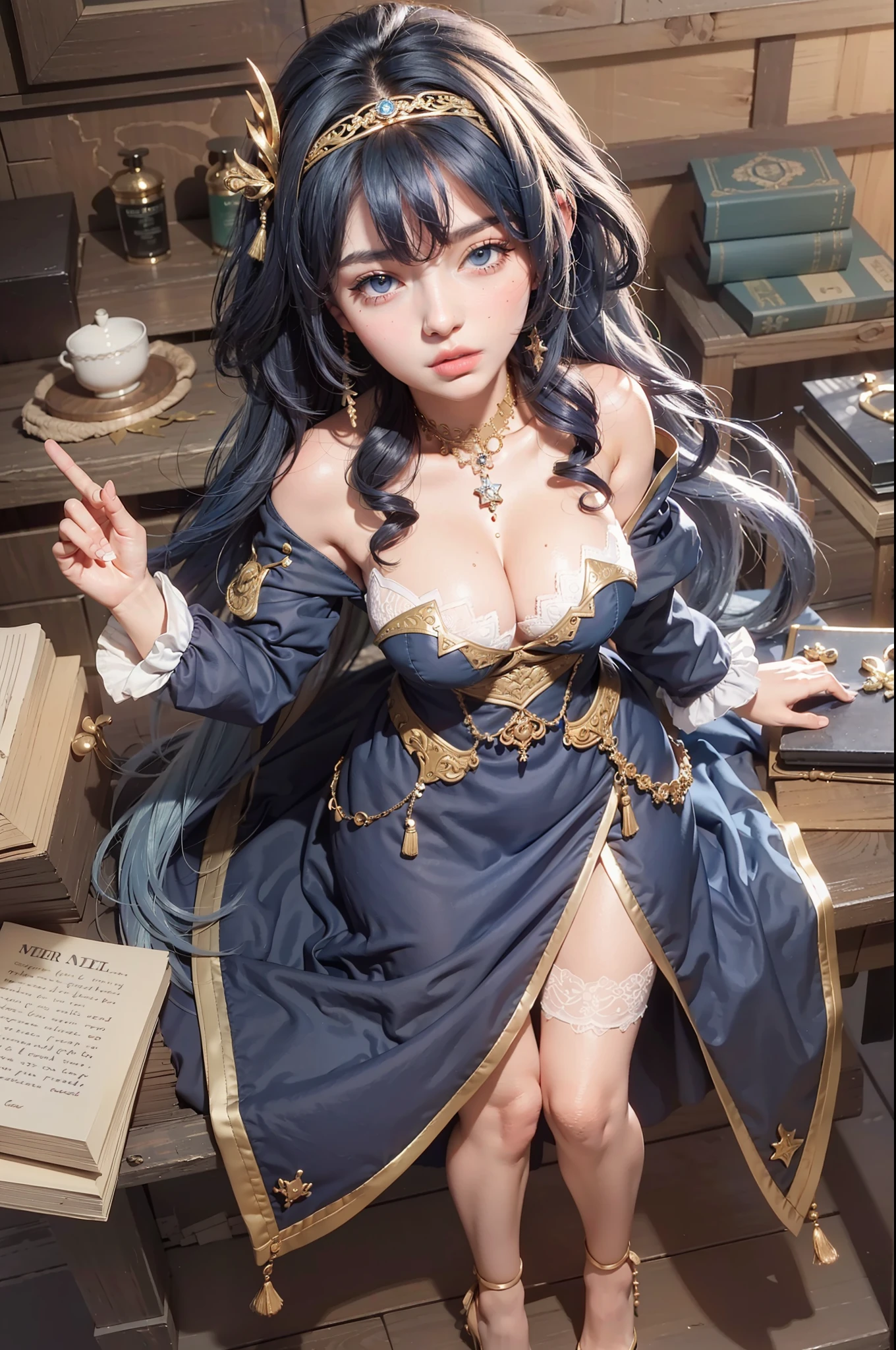 Best quality, masterpiece, big boobs, (large breasts), detailed skin texture, detailed cloth texture, detailed face, super detail, 8k, intricate detail, 1girl, dark blue hair