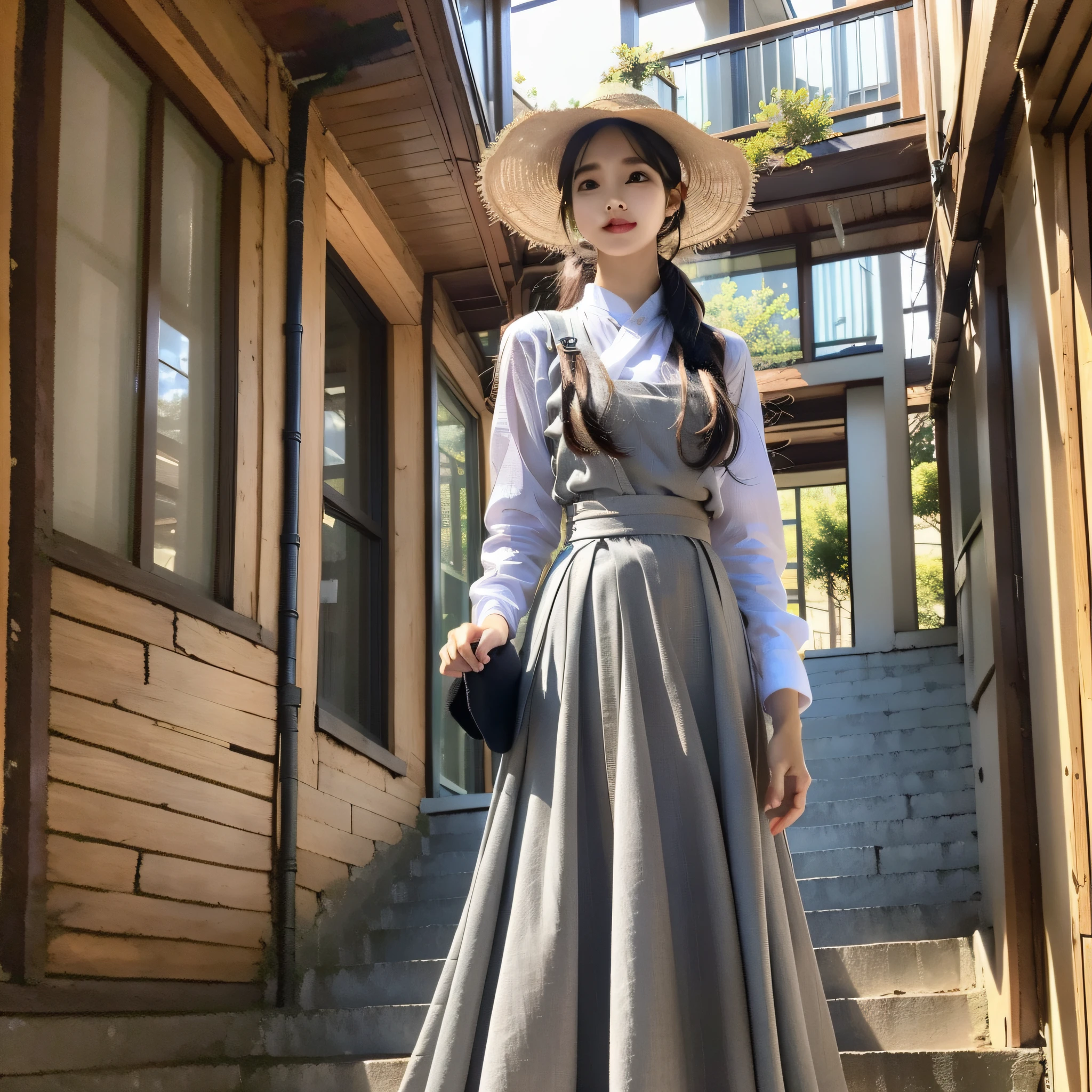 there is a woman that is standing on a step with a hat, dressed with long fluent clothes, dressed in long fluent skirt, long skirt, hanbok apron, bae suzy, long dress with apron, dressed with fluent clothes, style in ghibli anime, wearing skirt, milk and mocha style, grey skirt, inspired by Sim Sa-jeong, casual clothing style, layered skirts