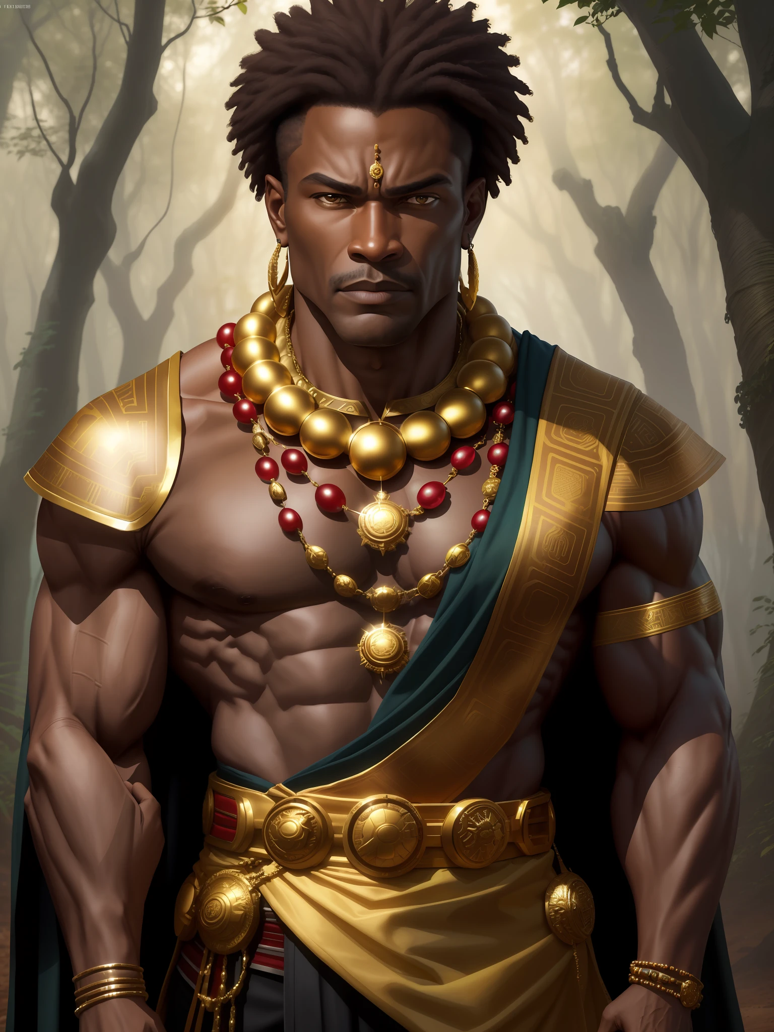 fking_scifi, fking_scifi_v2, portrait of a middle age, muscular very hary, handsome and attractive African warrior man, in front of a foggy forest, rich colorful clothes and golden african jewelry, close up, regal pose and attitude. fking_cinema_v2.