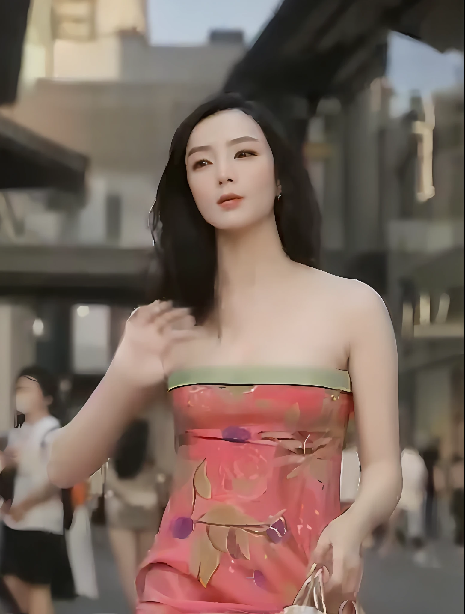 araffe woman in a pink dress walking down a street, gorgeous chinese model, very attractive and beautiful, appearing in a shopping mall, inspired by Cheng Jiasui, inspired by Xie Sun, inspired by Tang Yifen, inspired by Zhang Shuqi, inspired by Wang Meng, chinese woman, fan bingbing, attractive and beautiful, chinese girl, beautiful south korean woman