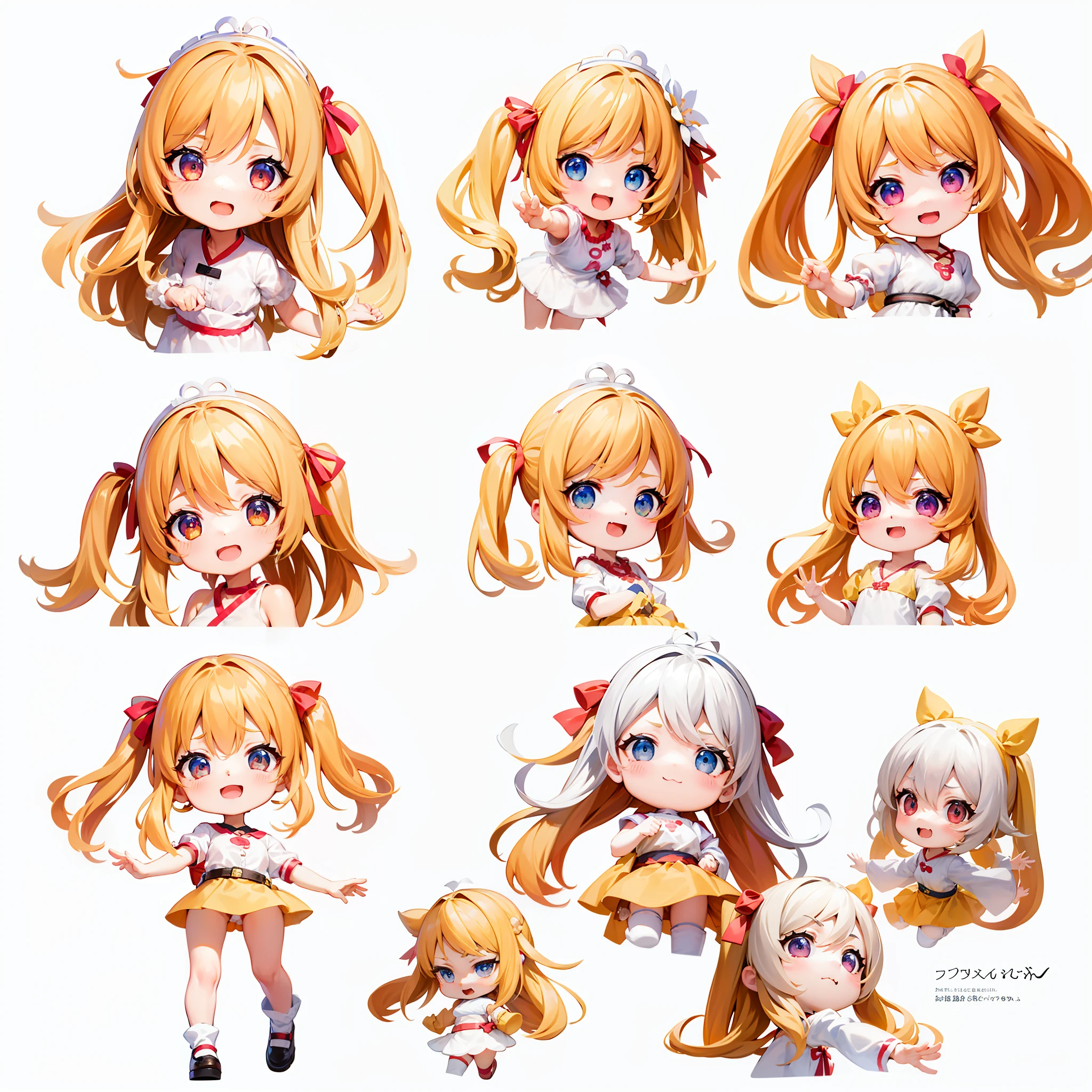 A cute girl, various expressions, happy, sad, angry, expectant laughter, disappointed 1, cute eyes, white background, illustration-nii 5-style cute, emoji as illustration set, with boold manga line style, dynamic pose dark white, f/64 group, related people, Old Meme Kernel