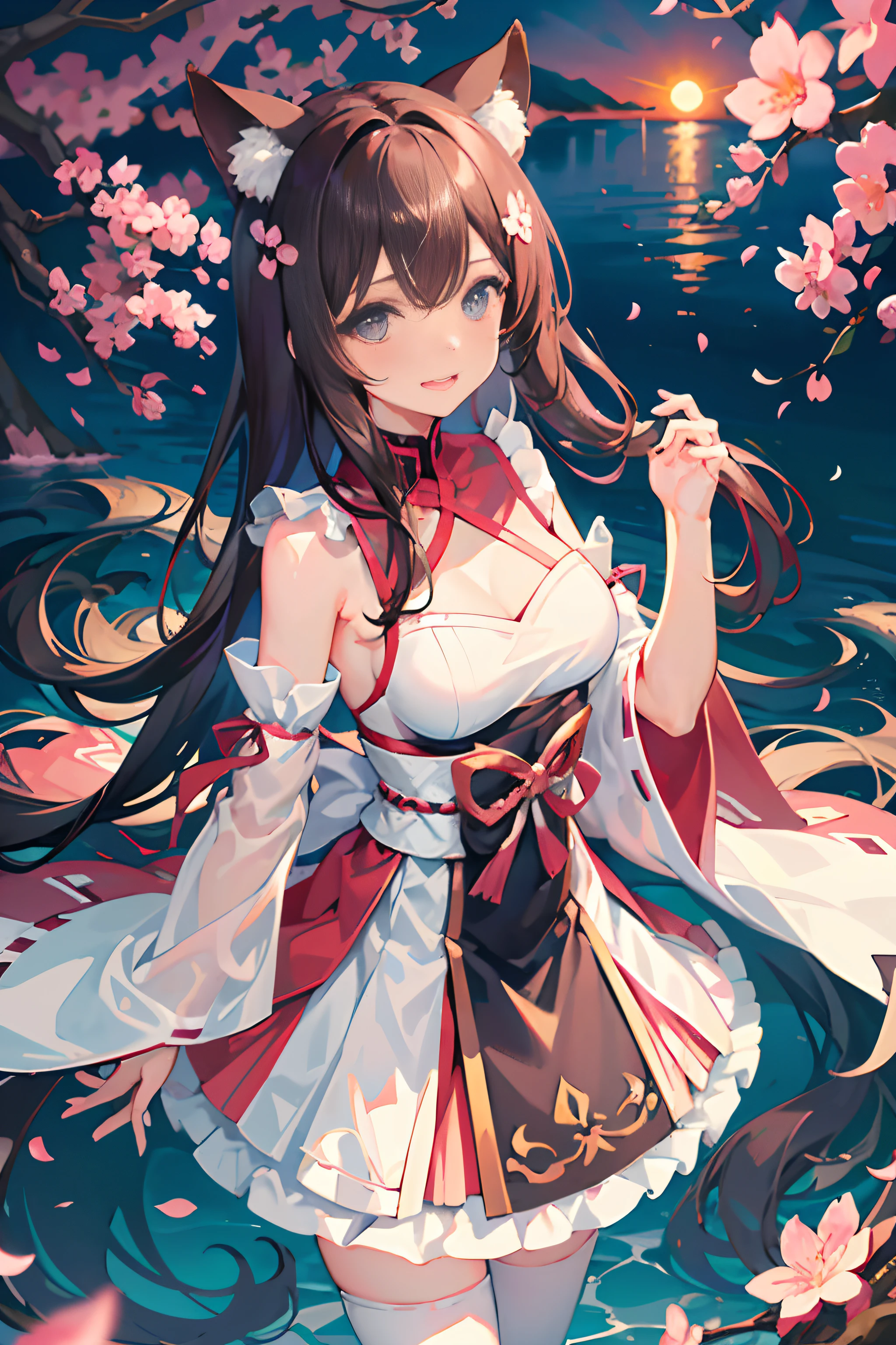 Illustration style, overhead view, dynamic angle, ultra-detailed, close-up shot of a girl with blue eyes, brown hair, and cat ears wearing a pink Miko outfit (1.4) and white stockings. She has bangs, an aura above or behind her head, and is looking at the viewer with a slight smile while showing her bare shoulders. The girl's hands are hidden behind her back while standing upright. She wears a cherry blossom hair accessory ([[0.55]::0.85]) and is surrounded by falling cherry blossoms, flowing water, a beautiful cherry blossom tree, and flying translucent blue butterflies (1.15). The scene is set near a shrine gate with ultra-detailed ruins in the background, an abysmal sea, and a dull blue world tree (1.14). The girl's delicate fingers and hands are emphasized with yubao (0.5).