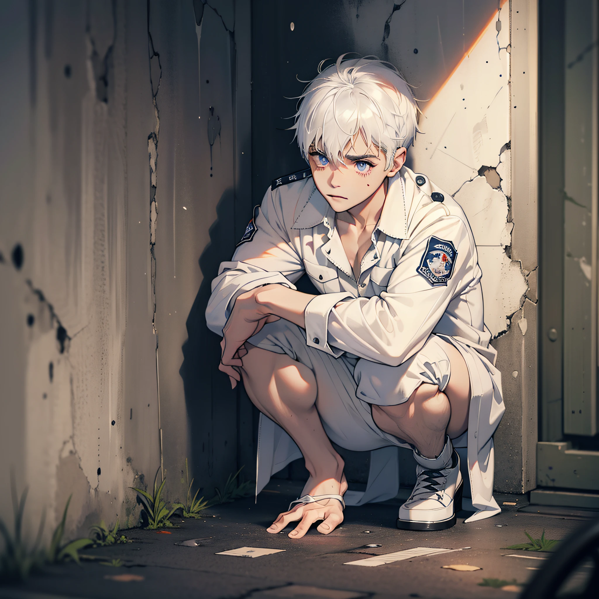 Man, short white hair, fine eyes, prison uniform, prison, bloodstain, dark, damp, crouched