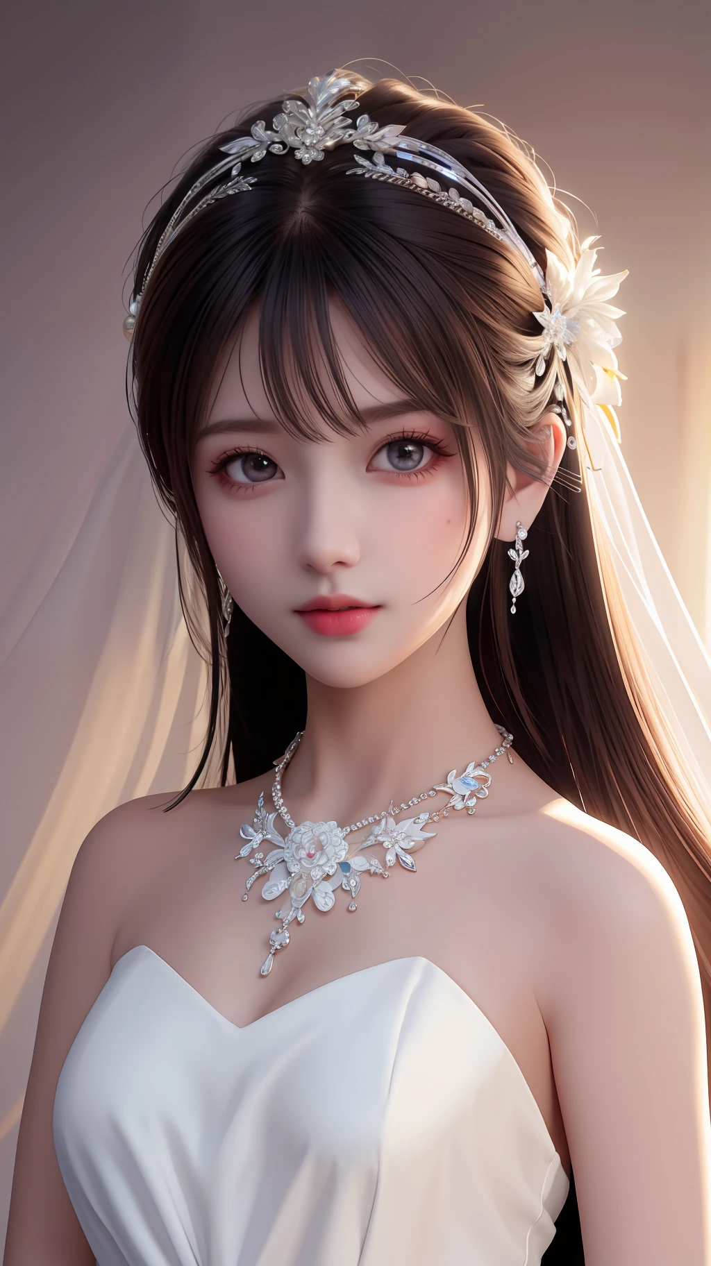 Best Quality, Masterpiece, High Resolution, 1Girl, White Dress, Hair Accessories, Necklace, Jewelry, Beautiful Face, Body, Tyndall Effect, Realism, Dark Studio, Edge Lighting, Two-tone Lighting, (High Detail Skin: 1.2), 8K UHD, DSLR, Soft Light, High Quality, Volume Light, Voyage Shot, Photos, High Resolution, 4K, 8K, Background Blur,