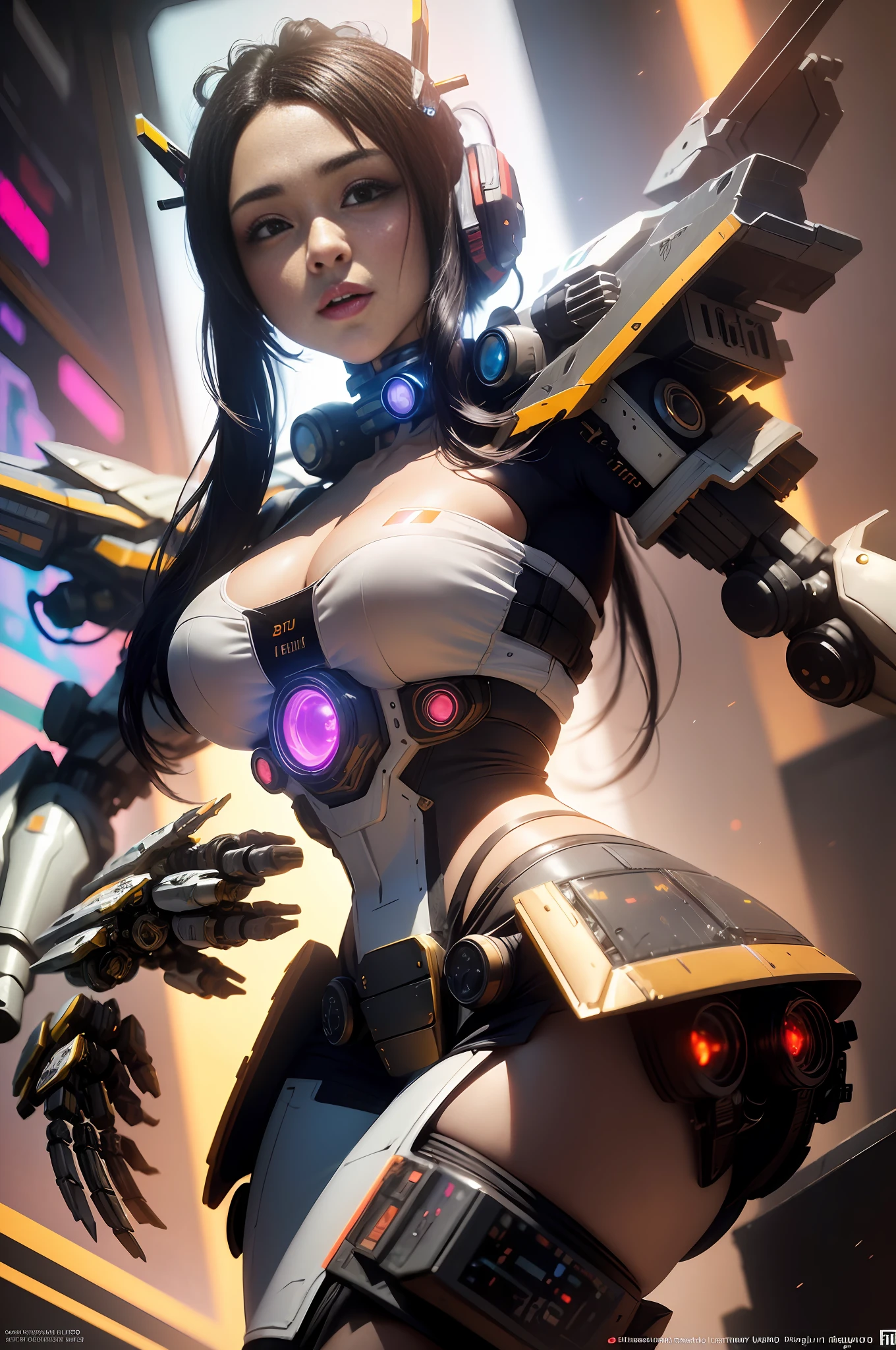 ((Best quality)), ((masterpiece)), (highly detailed:1.3), 3D, beautiful, (cyberpunk:1.6), in space, nebulous, laser, (1Female mecha:1.8), sexy body, facing the audience, bright eyes full breasts, full body, big ass, neon tattoo, (flying, descending, dynamic, motion blur: 1.4), (huge wings of locks: 1.9), looking up, glowing_eyes, mecha, panorama, background is earth,  nebula, space, particles, Reality, HDR (High Dynamic Range), Ray Tracing, NVIDIA RTX, Super Resolution, Unreal 5, Subsurface Scattering, PBR Textures, Post-Processing, Anisotropic Filtering, Depth of Field, Maximum Clarity and Clarity, Multilayer Textures, Albedo and Specular Maps, Surface Shading, Accurate Simulation of Light-Material Interaction, Perfect Proportions, Octane Render, Two-Tone Lighting, Large Aperture, Low ISO,  white balance, rule of thirds, 8K RAW, efficient sub-pixel, sub-pixel volume product, (best quality), (Japanese: 0.9), (Korean: 0.8), (Liu Yi Fei: 2.0) long hair, (large chest: 1.9), (underboob: 1.6), (white transparent lace mini skirt: 1.7)