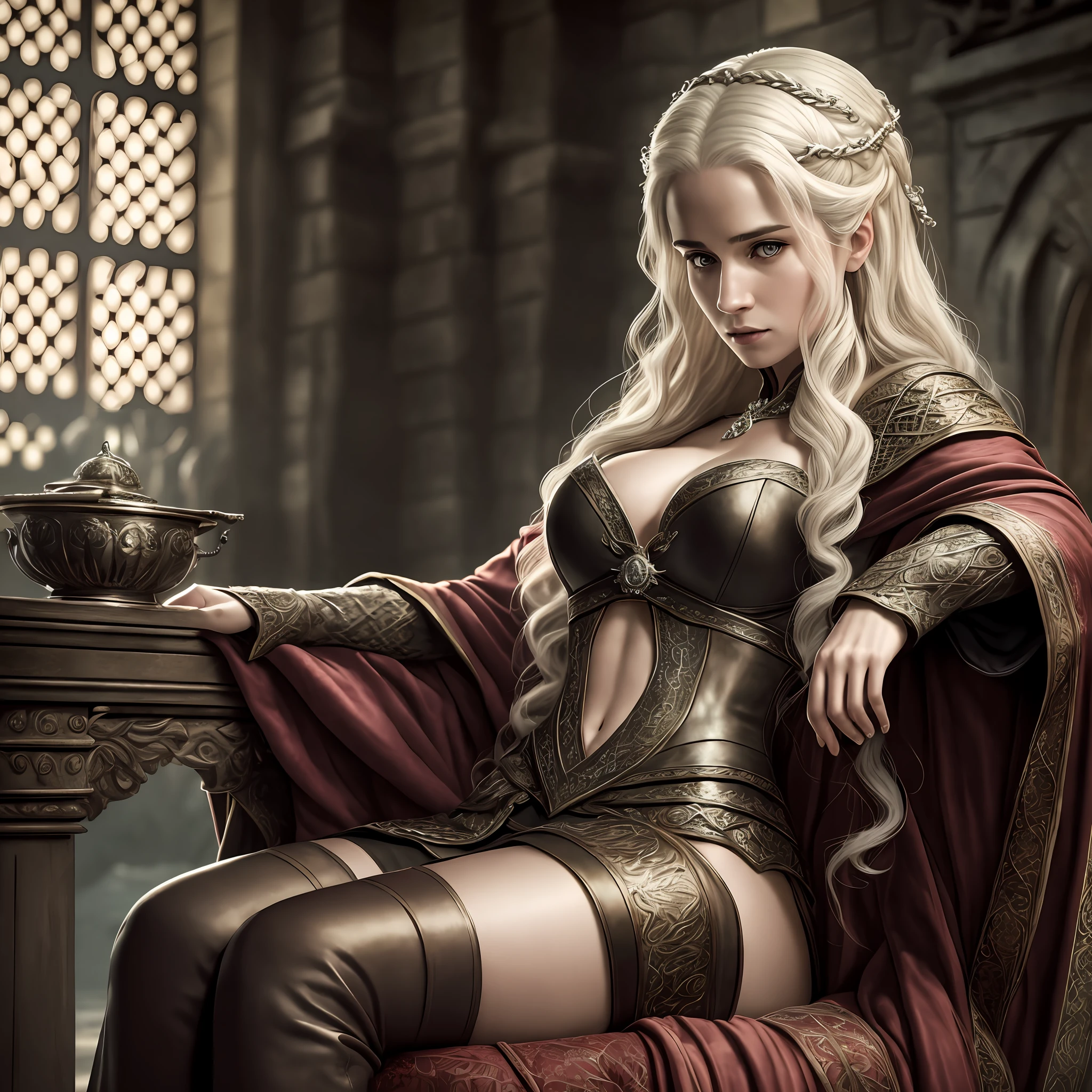 Intricately detailed Full body, professional photograph, of (seductive royal vampire female), clothed, sitting, on chair, in luxurious fantasy castle, toned abs, small breasts, big ass, pretty face, amber red eyes, (fangs), succubus, sexy, shallow depth of field, cinematic lighting, photographed on a Sony a9 II Mirrorless Camera, (highly detailed:1.2), (soft focus), Game of Thrones film still, HDR, 8k resolution --auto --s2