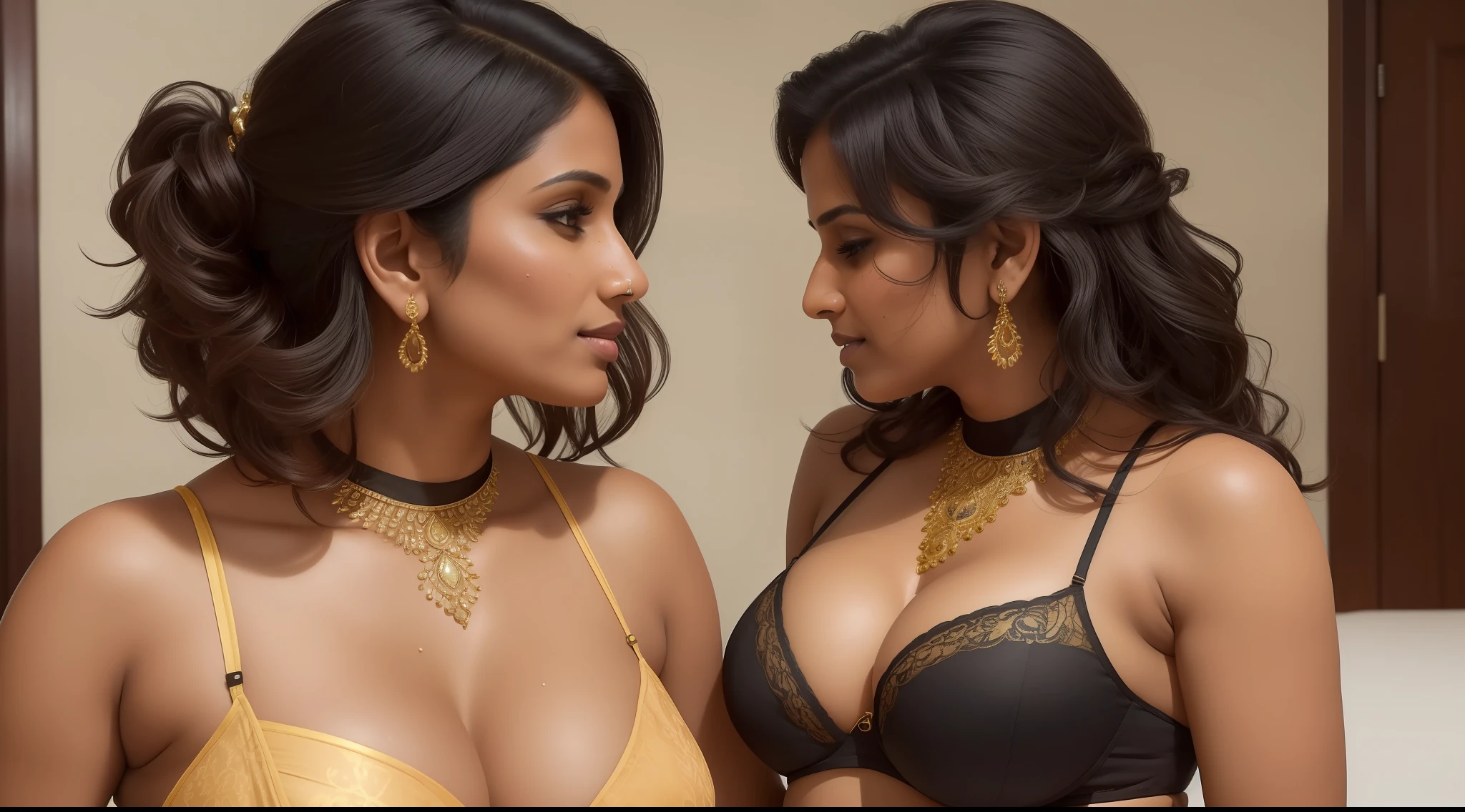 there is an indian suburban woman, 35yo, simple sexy revealing black and gold laced color strapless bra, (((no jewelry))), 8k wallpaper, suburban milf, suburban mom, ((1 person, 1 girl)), highquality, ((gigantic humongous big breasts)), choker around neck, 30yo, (short messy hair:1.2), floating hair NovaFrogStyle, messy hair, (((extremely fair skin:1.2, sweaty skin))), candid photograph, front profile, looking at each other, thick hips, (((passionate lovemaking)))