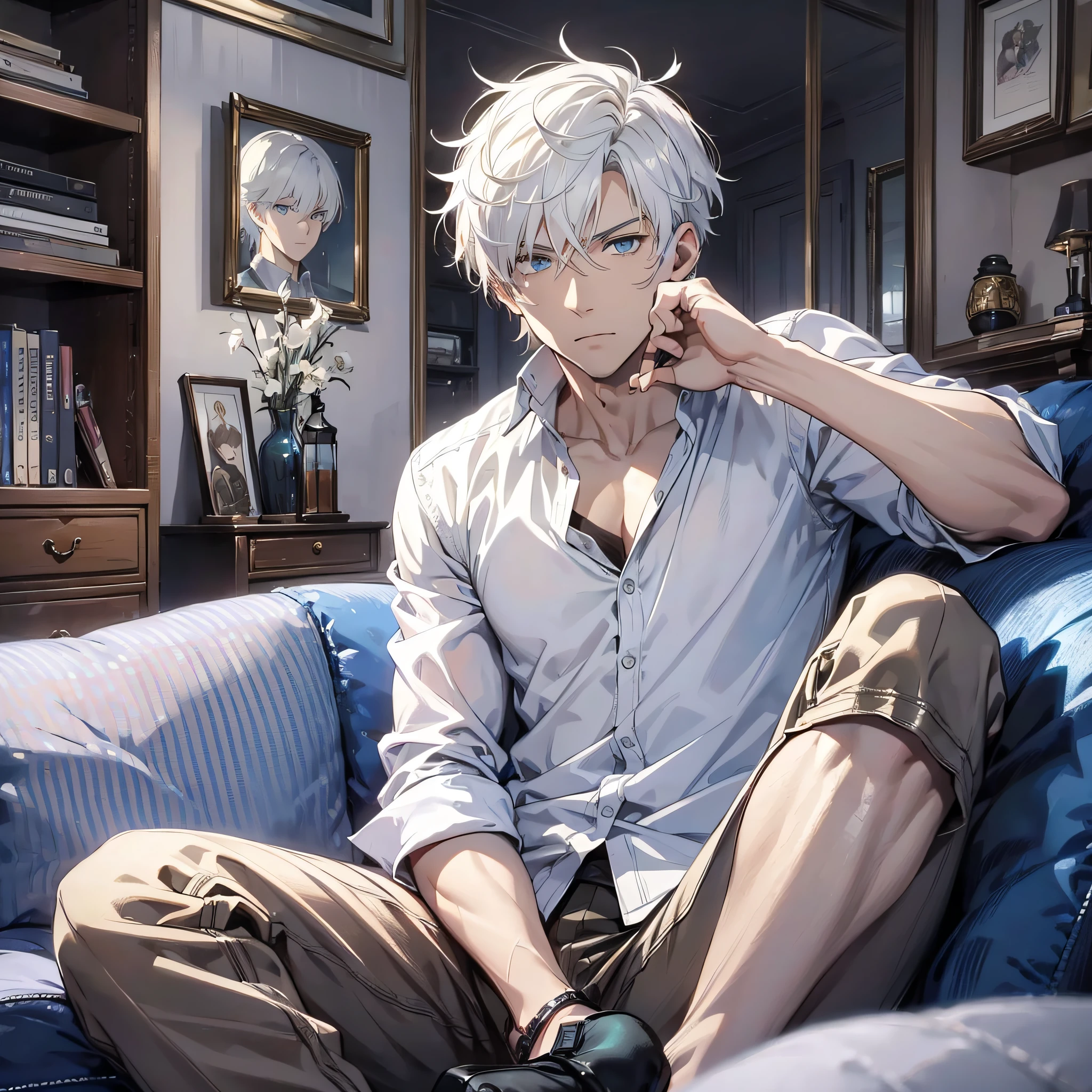 Handsome man, short white hair, blue eyes, looking at a mobile phone, serious expression, indoors, living room, sitting on a sofa