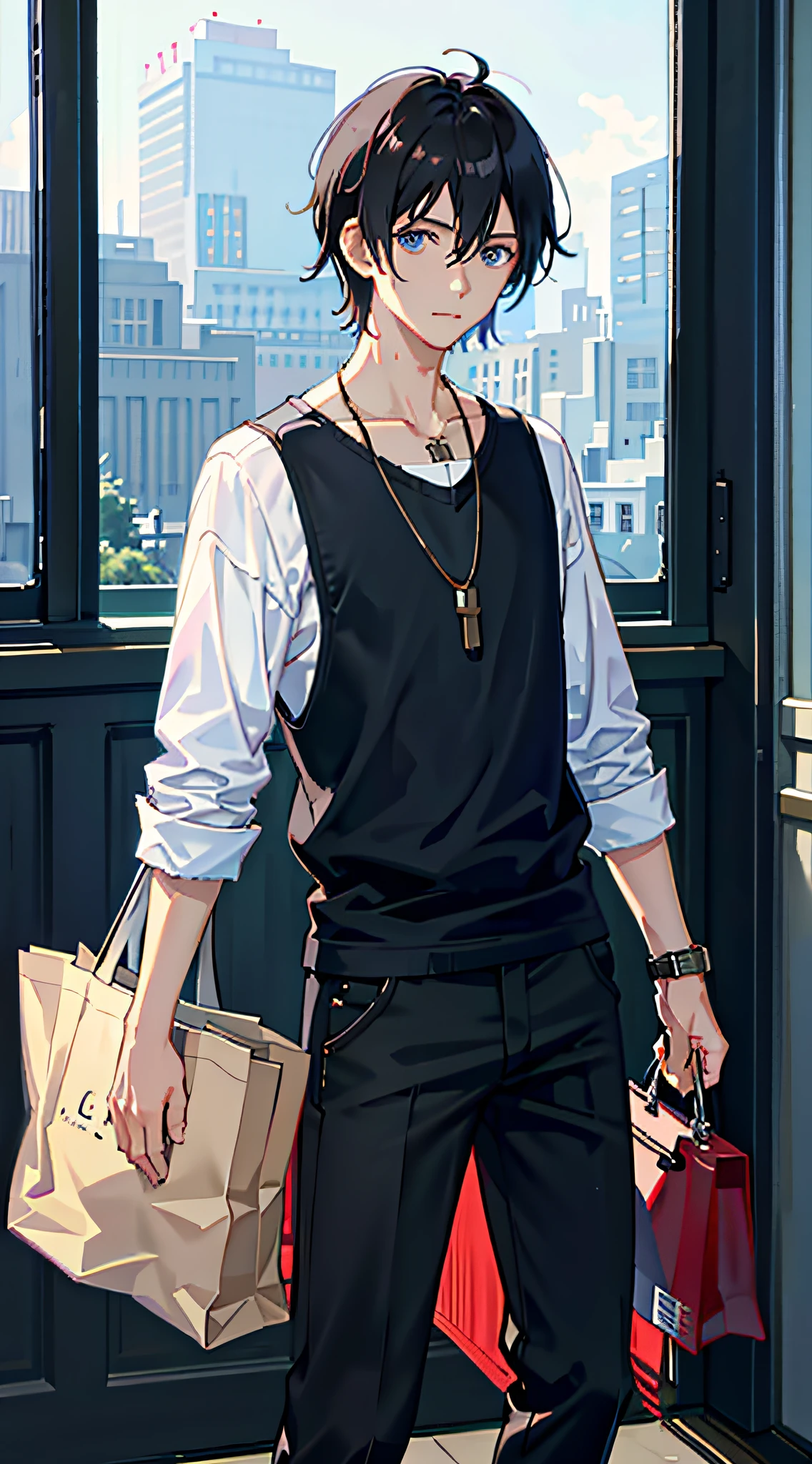 1boy, apple, bag, bangs, berry, black hair, black shirt, blue eyes, hair between eyes, jewelry, leaf, looking at viewer, male focus, necklace, pants, shirt, solo, watch, white pants, wristwatch, messy hair, trending on artstation, 8k resolution, highly detailed, anatomically correct, sharp image, digital painting, concept art, trending on pixiv, style of makoto shinkai,