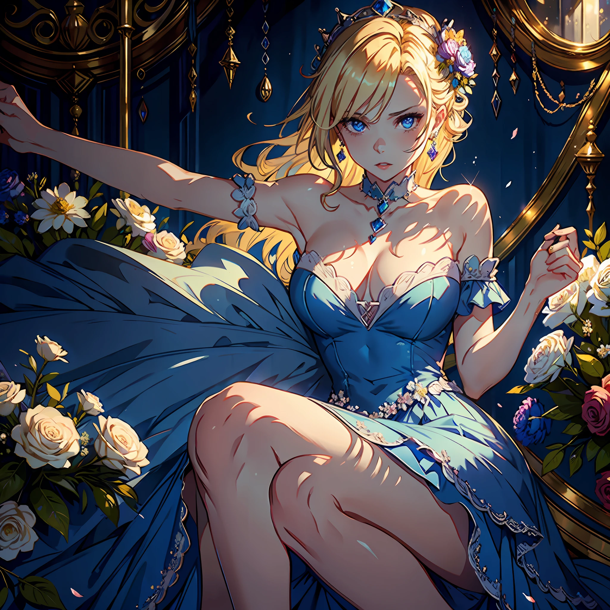 1 woman, blue dress, wedding scene, flowers, wine, cake, finger sticking out, blonde hair, crown, heart pupils, crystal earrings, anger, high detail, super detail, high resolution, best quality, masterpiece, curated, ultra hd