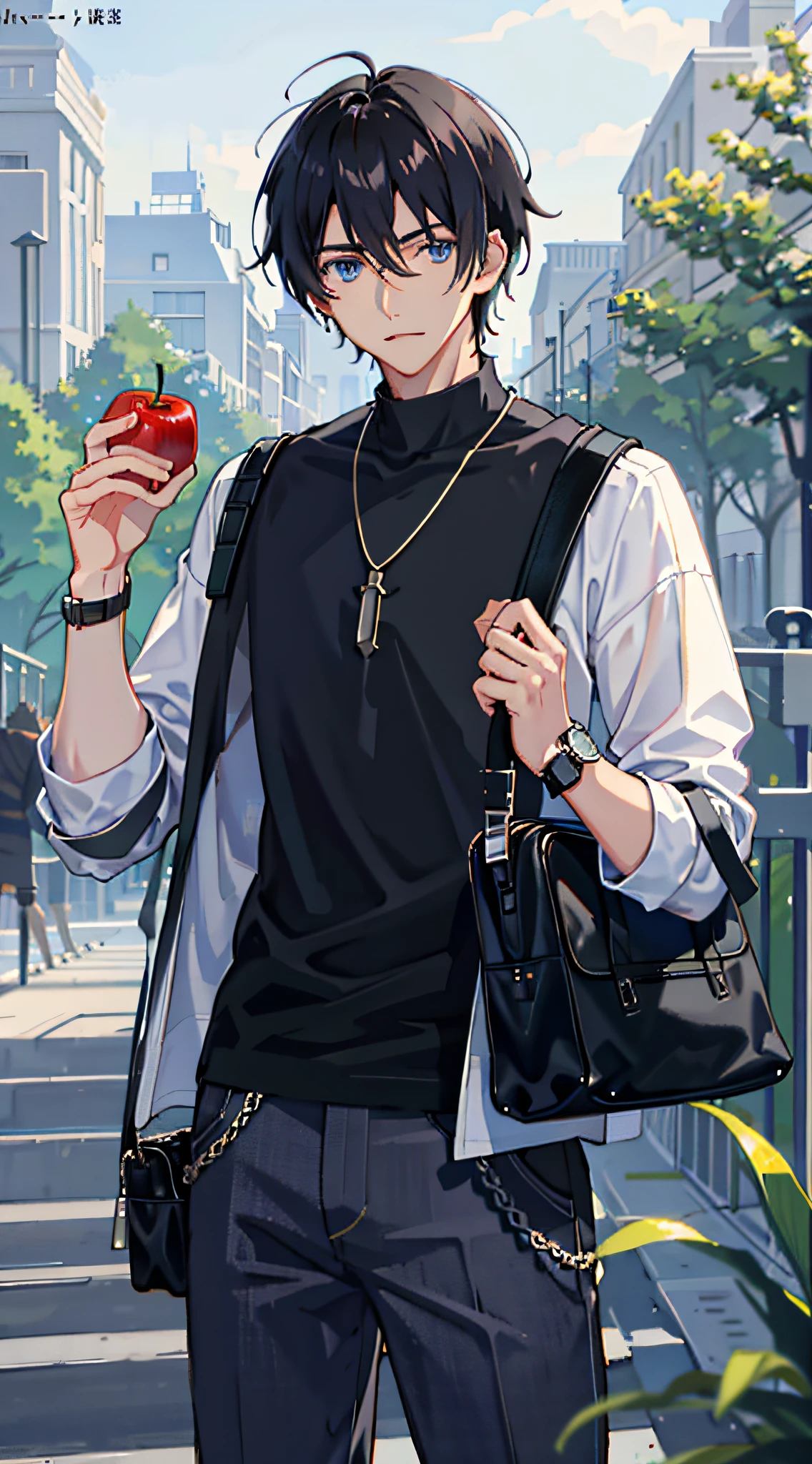 1boy, apple, bag, bangs, berry, black hair, black shirt, blue eyes, hair between eyes, jewelry, leaf, looking at viewer, male focus, necklace, pants, shirt, solo, watch, white pants, wristwatch, messy hair, trending on artstation, 8k resolution, highly detailed, anatomically correct, sharp image, digital painting, concept art, trending on pixiv, style of makoto shinkai,