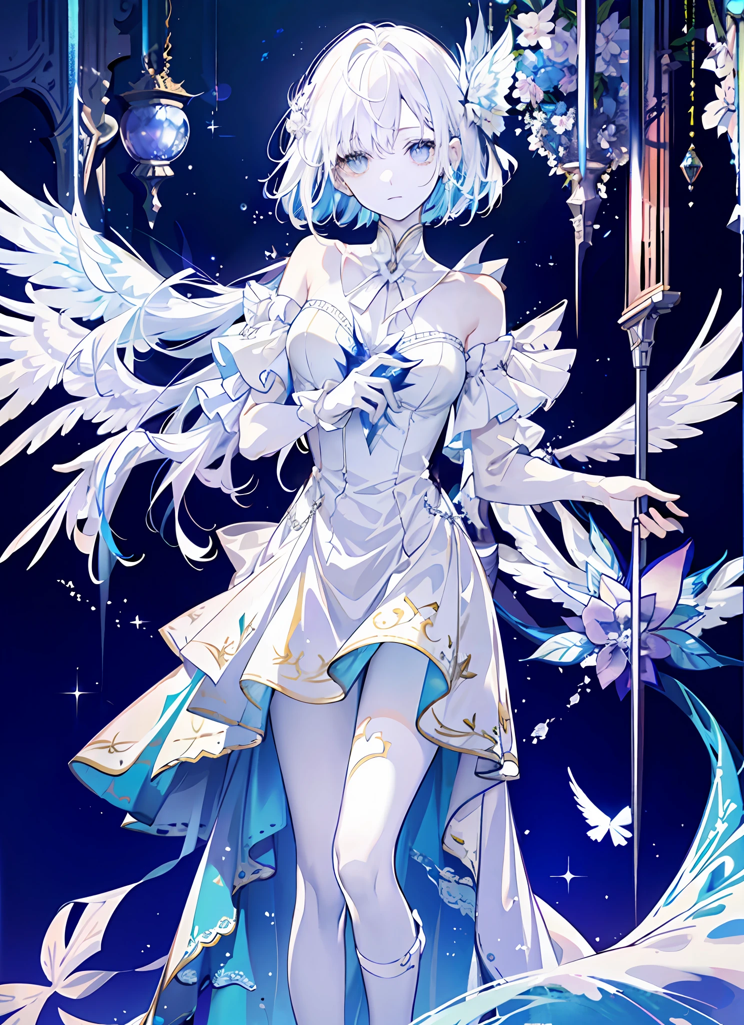 An angel is depicted with a pale and luminous complexion, their skin seemingly glowing with an otherworldly radiance. They are adorned with a pair of sparkling and graceful wings, symbolizing their divine nature. The scene is ethereal and enchanting, capturing the beauty and mystery of these celestial beings. angel, pale, luminous, complexion, glowing, otherworldly, radiance, sparkling, graceful, wings, divine, ethereal, enchanting, beauty, mystery.upper body,