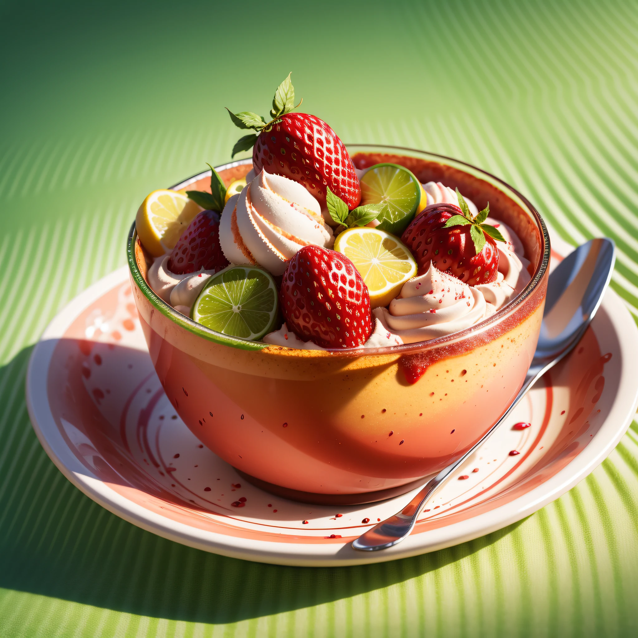 strawberry icecream sundae, photorealistic, high details, intricate, sharp focus, 8K, HD, Full-HD, Ultra-HD, Super-Resolution, Megapixel, subsurface scattering, edge lighting, rim light, rim lighting, best lighting, refreshing, lumen Reflections, screen space reflections, Post Processing, Post-Production, TXAA, De-Noise, shaders (COLOR FRUITFUSION:0.222) (BRTDRPP:1.122)( LIQUID SPLASH:0.444)