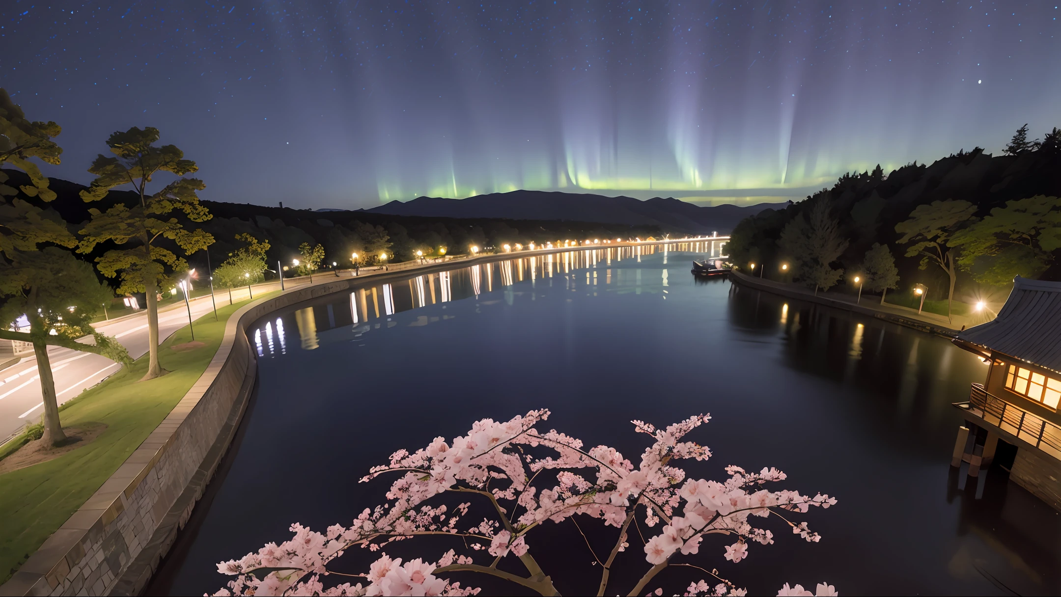 Aurora , River , Tree , sakura , Night , Realistic, FHD