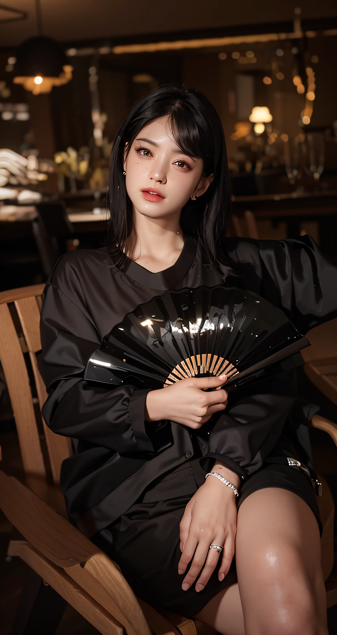 Black hair bob, (8k, RAW photo, photorealistic: 1.25), (very much lip gloss, many eyelashes, highest quality, ultra high resolution, depth of field, chromatic aberration, caustics, wide light, natural color, Japanese , Female in her 30s) Staring at the viewer, necklace, bracelet, choker, full body, big breasts, mole on chest, bare legs, see-through blouse