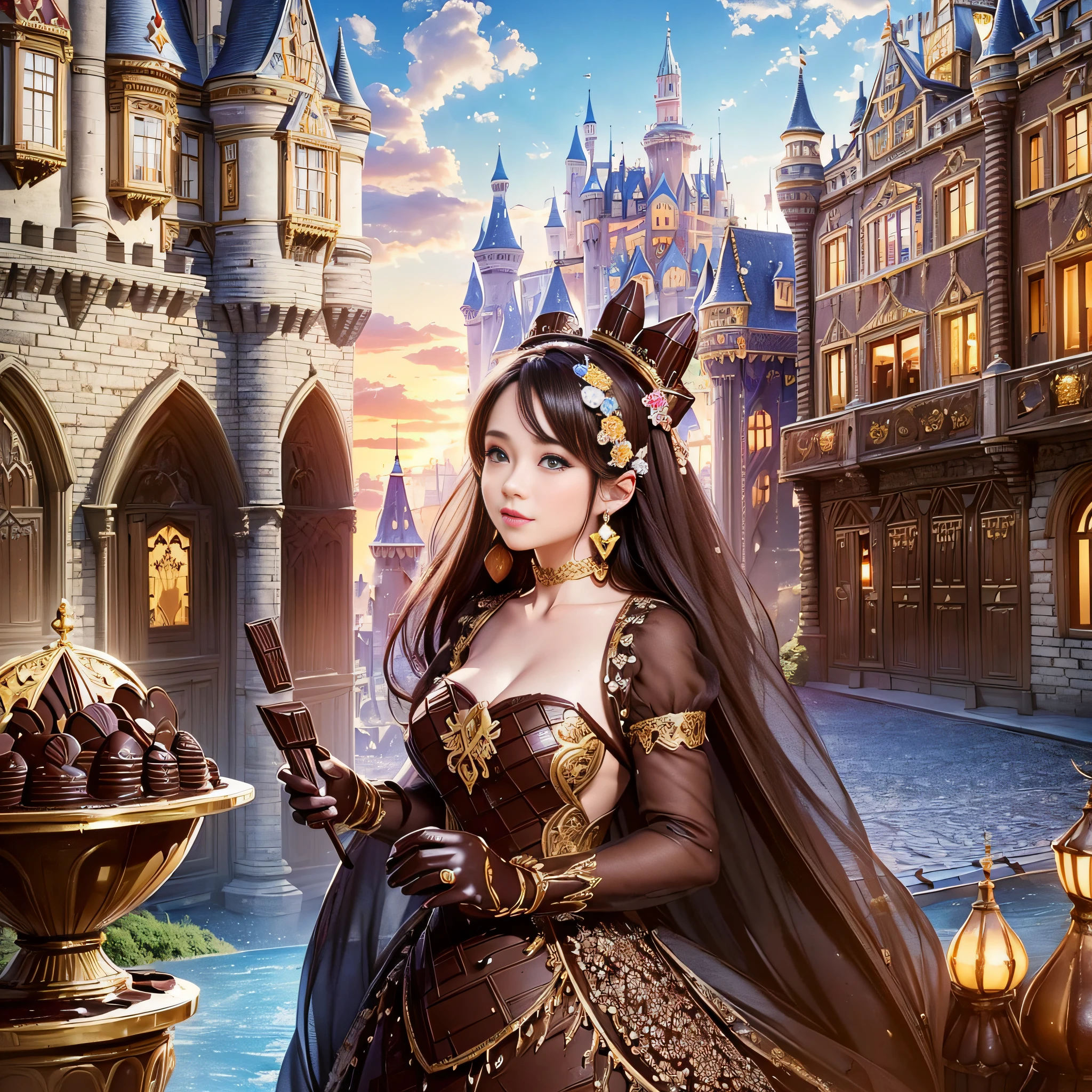 (((1 woman))), (Princess), pretty face, innocent, best smile, world filled with chocolate, chocolate costume, costume made of chocolate, luxurious costume made of chocolate, very sweet, chocolate, love sweets, (chocolate castle), (huge castle made of chocolate:1.8), (house made of chocolate:1.8), (everything is decorated with chocolate:1.8), (city made of chocolate:1.8), ((melting chocolate)), beautiful world filled with chocolate, colorful fresh fruit, blue skies, beautiful scenery, unrealistic, fairy tale, fantasy, Dream world, masterpiece, ultra high definition, (High Resolution: 1.4), Raw Photography, Very Delicate And Beautiful, Very Detail, 8K Resolution, (Realistic, Photorealistic: 1.37), High Pixel Density,