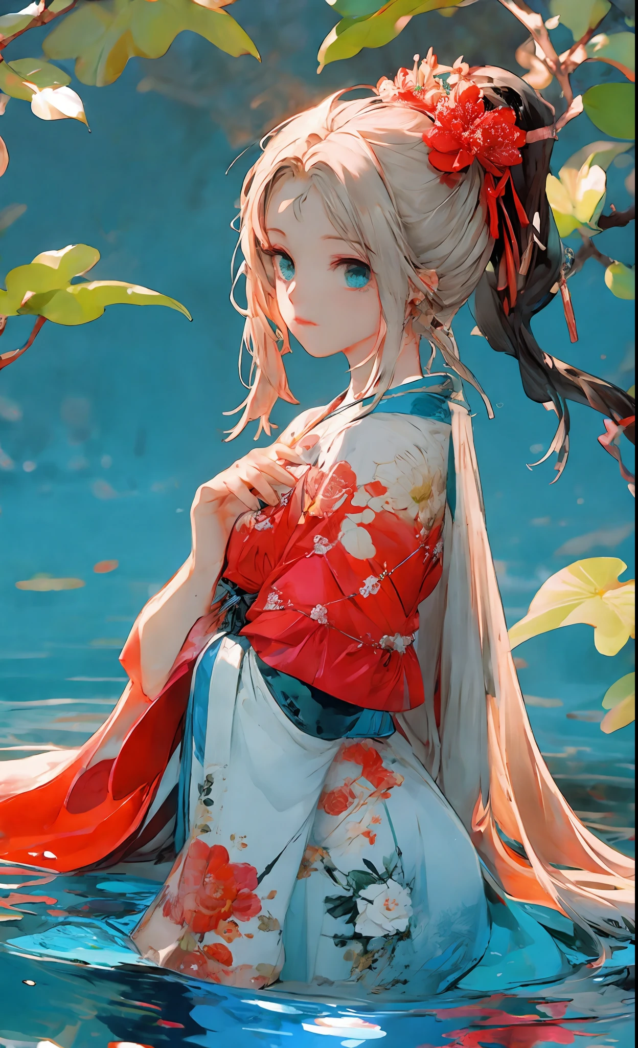 Cold facial features, high nose bridge, slender eyes, hanging eyes, adult female, thirty-year-old female, serious expression, cold, masterpiece, best quality, official art, 8k wallpaper, very detailed, a girl, ancient chinese clothing, full body, sunlight, clear face, clean white background, masterpiece, super detail, epic composition, ultra hd, high quality, extremely detailed, official art, uniform 8k wallpaper, super detail, 32k red pupils, an extremely delicate and beautiful girl, 8k wallpaper, Best quality, full body close-up, white long dress, luxurious silky bright red chiffon flood (illusion, glitter, ultra-thin, soft,) Hanfu illustration, 1 girl, sky blue hair, long hair, detailed eyes, Forrest Gump, bare shoulders, Hanfu, lake, pure, soft smile, bamboo, tea, high quality, masterpiece, masterpiece, exquisite facial features, delicate hair, delicate eyes, delicate colored hair, 4K picture quality, brilliant light and shadow, Tyndall effect, halo, messy hair, youthful state, gorgeous scene, exquisite clothes, chains , feathers, big eyes of ancient Chinese beauties very detailed, digital painting, artstation, concept art, clear focus, illustration, art by Greg Rutkowski and Alphonse Mucha and Victo ngai