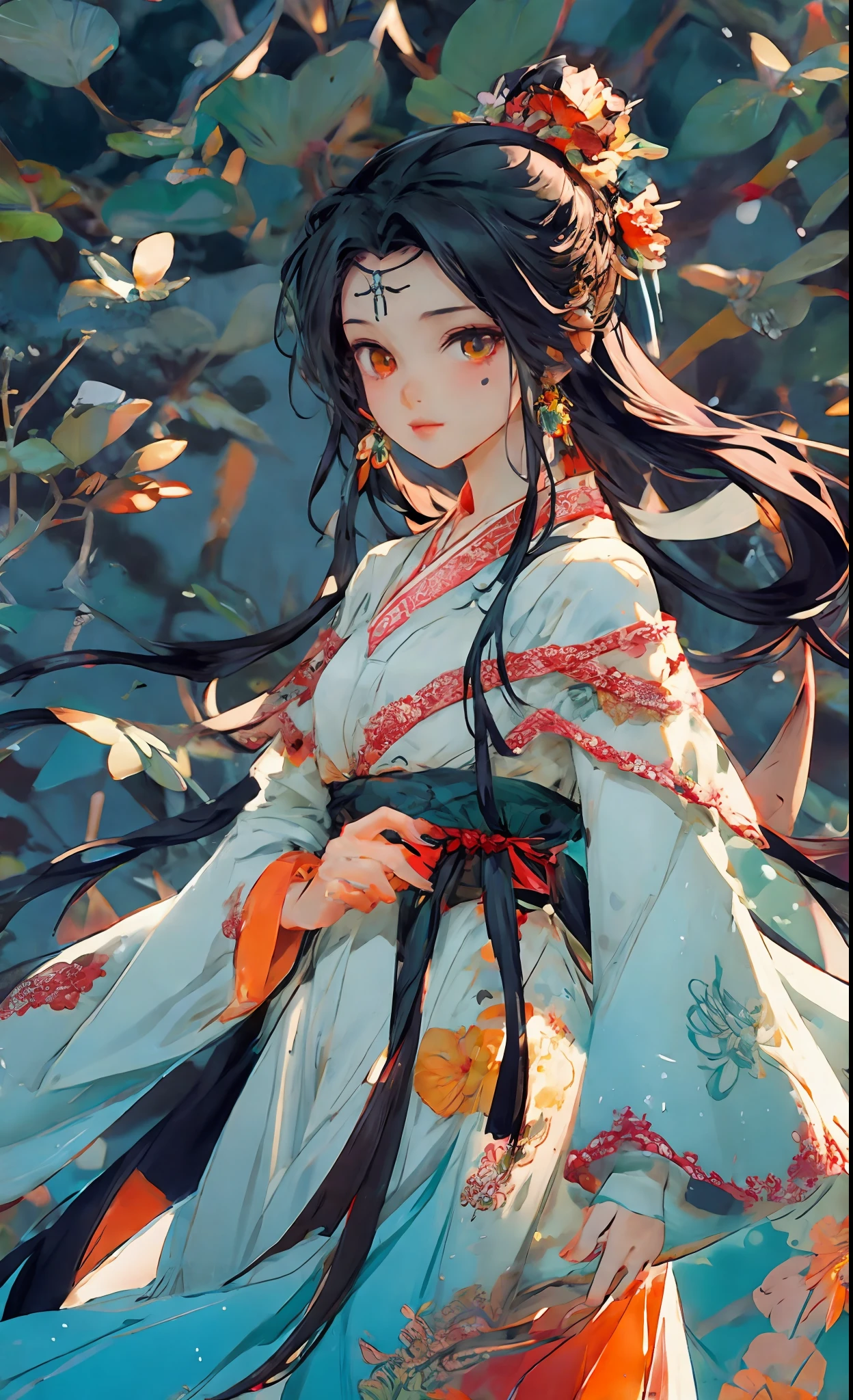 Cold facial features, high nose bridge, slender eyes, hanging eyes, adult female, thirty-year-old female, serious expression, cold, masterpiece, best quality, official art, 8k wallpaper, very detailed, a girl, ancient chinese clothing, full body, sunlight, clear face, clean white background, masterpiece, super detail, epic composition, ultra hd, high quality, extremely detailed, official art, uniform 8k wallpaper, super detail, 32k red pupils, an extremely delicate and beautiful girl, 8k wallpaper, Best quality, full body close-up, white long dress, luxurious silky bright red chiffon flood (illusion, glitter, ultra-thin, soft,) Hanfu illustration, 1 girl, sky blue hair, long hair, detailed eyes, Forrest Gump, bare shoulders, Hanfu, lake, pure, soft smile, bamboo, tea, high quality, masterpiece, masterpiece, exquisite facial features, delicate hair, delicate eyes, delicate colored hair, 4K picture quality, brilliant light and shadow, Tyndall effect, halo, messy hair, youthful state, gorgeous scene, exquisite clothes, chains , feathers, big eyes of ancient Chinese beauties very detailed, digital painting, artstation, concept art, clear focus, illustration, art by Greg Rutkowski and Alphonse Mucha and Victo ngai