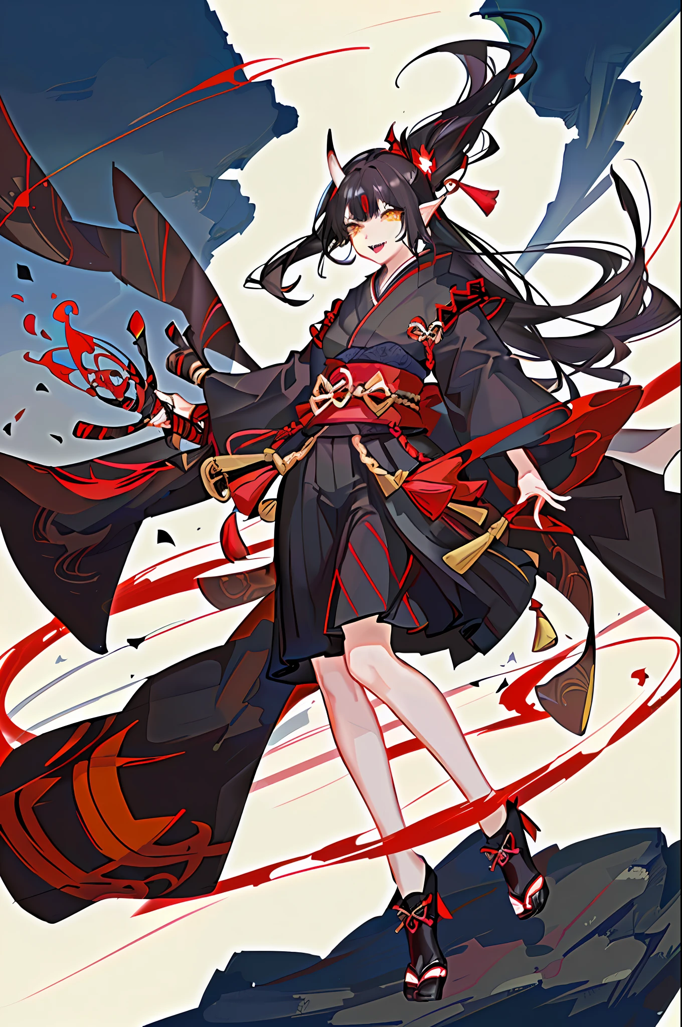 solo, Yokai women, (glowing:0.7) ruby, vivid colors, black hair, ponytail , has two yellow horns, yellow eyes , (evil:1.4), (crazy look), (laugh), extends a hand to the viewer, dressed in a magical black and red samurai armor with shining runes, magical effects, ultra detailed fantasy Japanese environment.