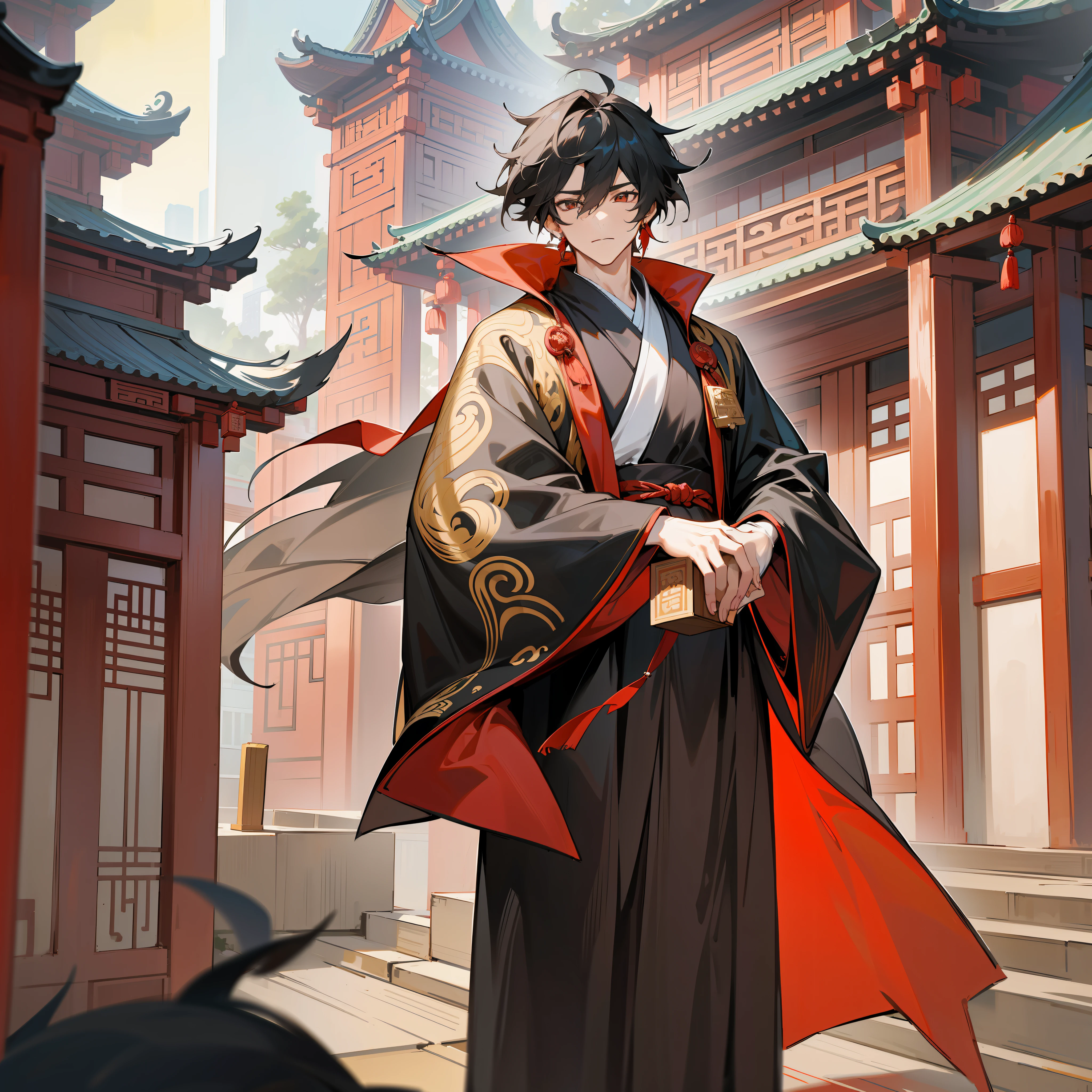 A young man in a black robe, his hair fluttering in the wind at the side, wearing a crimson robe or Taoist robe with golden jewelry on it. Behind him is a box of Chinese temple architecture