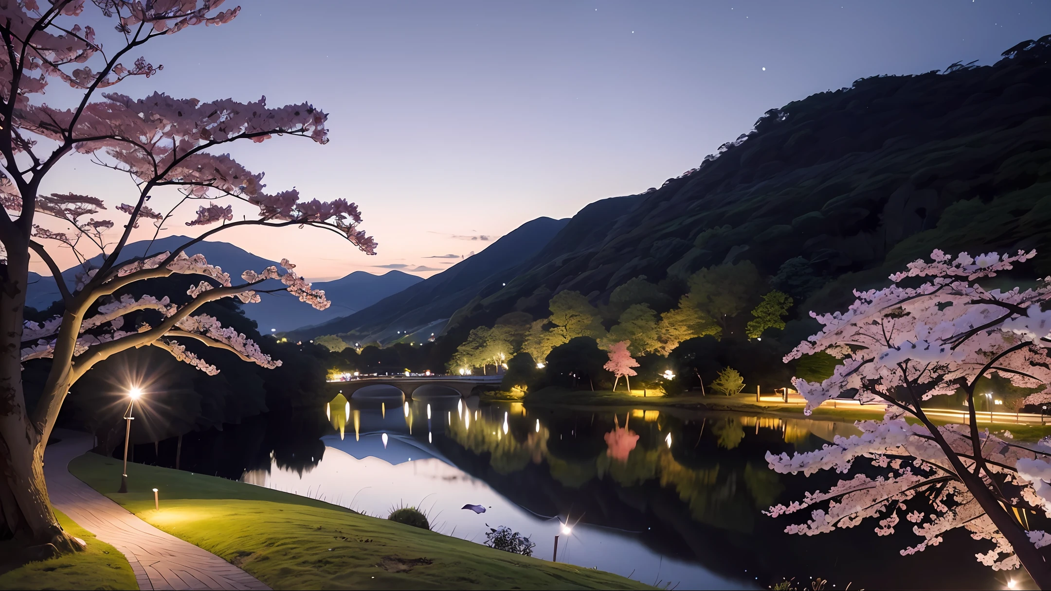 Aurora , River , Tree , sakura , Night , Realistic, FHD