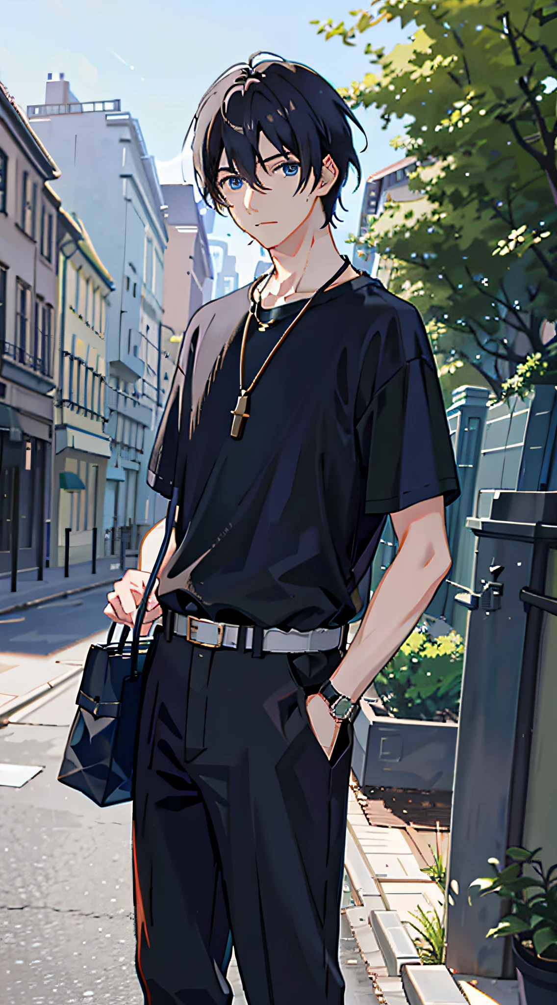 1boy, apple, bag, bangs, berry, black hair, black shirt, blue eyes, hair between eyes, jewelry, leaf, looking at viewer, male focus, necklace, pants, shirt, solo, watch, white pants, wristwatch, messy hair, trending on artstation, 8k resolution, highly detailed, anatomically correct, sharp image, digital painting, concept art, trending on pixiv, style of makoto shinkai,