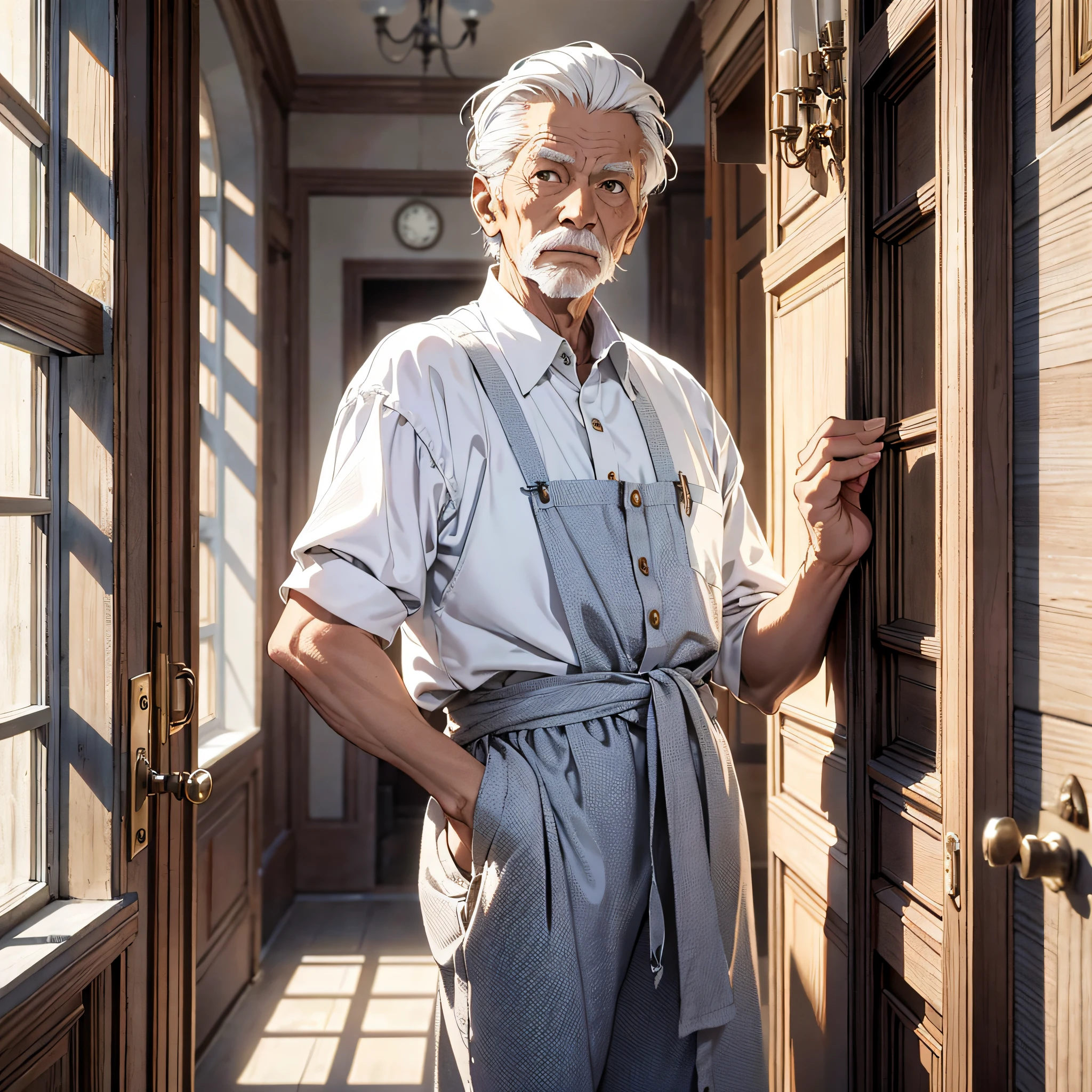 Elderly man, housekeeper dressed, strong, white hair, inside the mansion